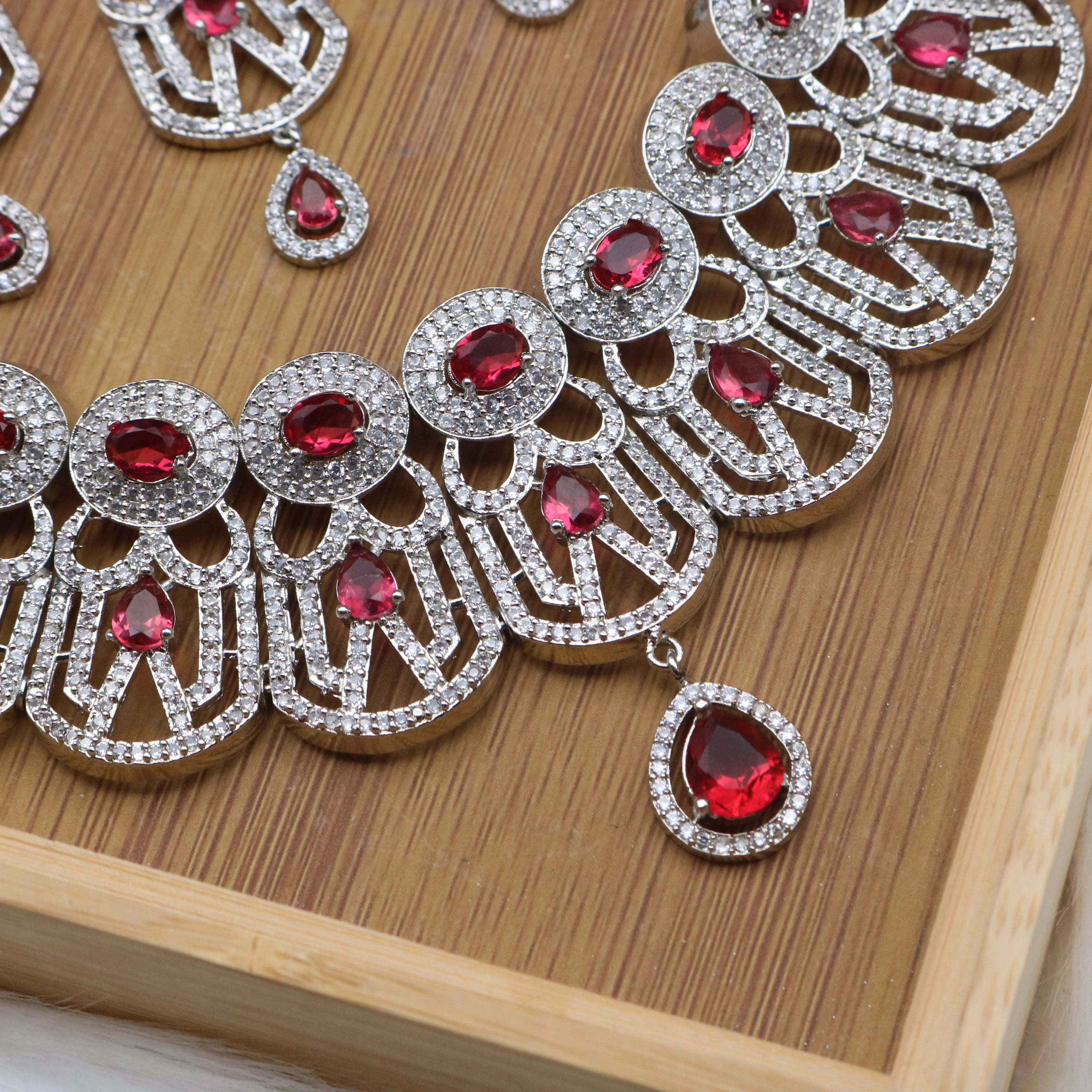 JV118 - Red Stone Partywear Necklace Set with Earrings & Teeka – Silver Finish