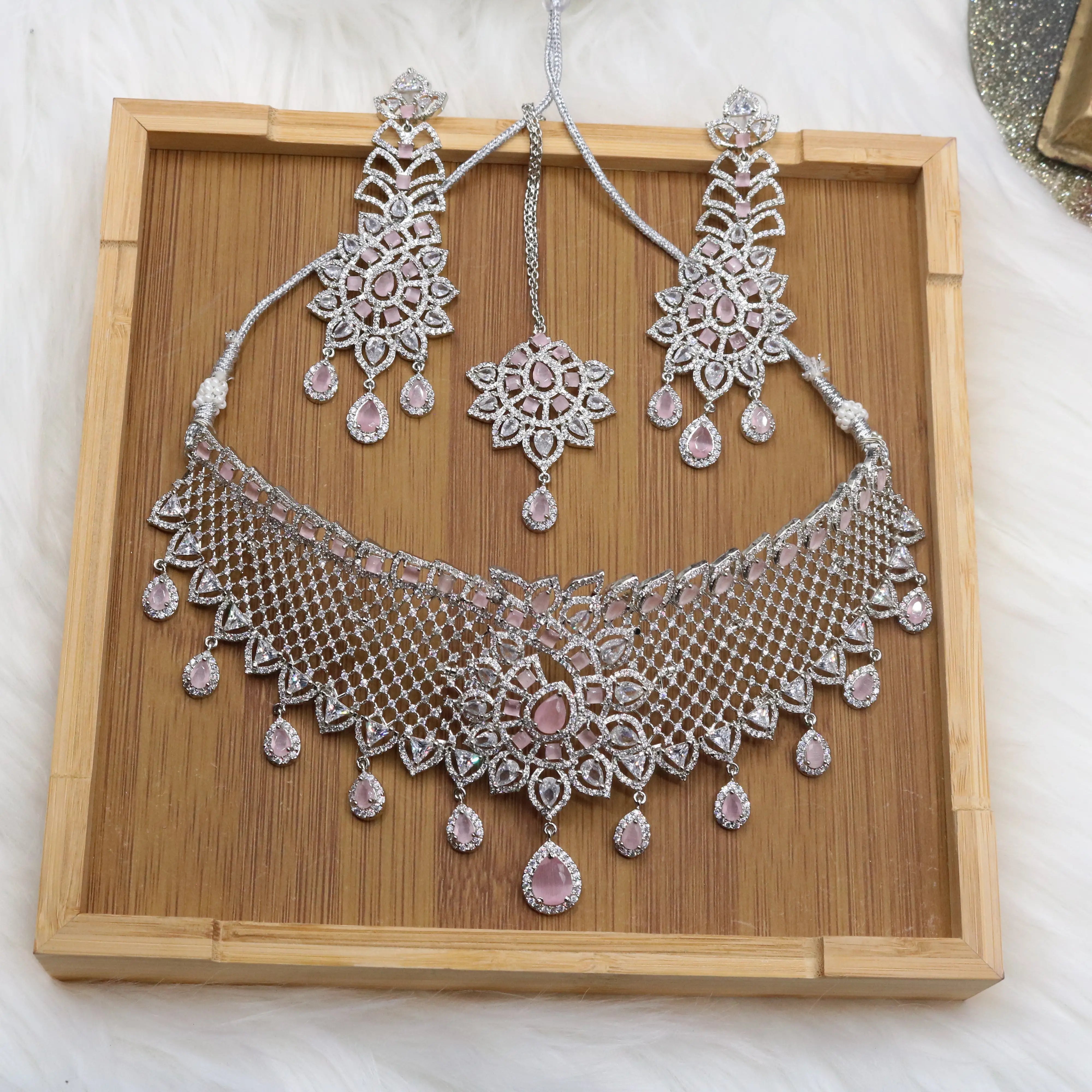 American diamond bridal choker set with pastel pink stones