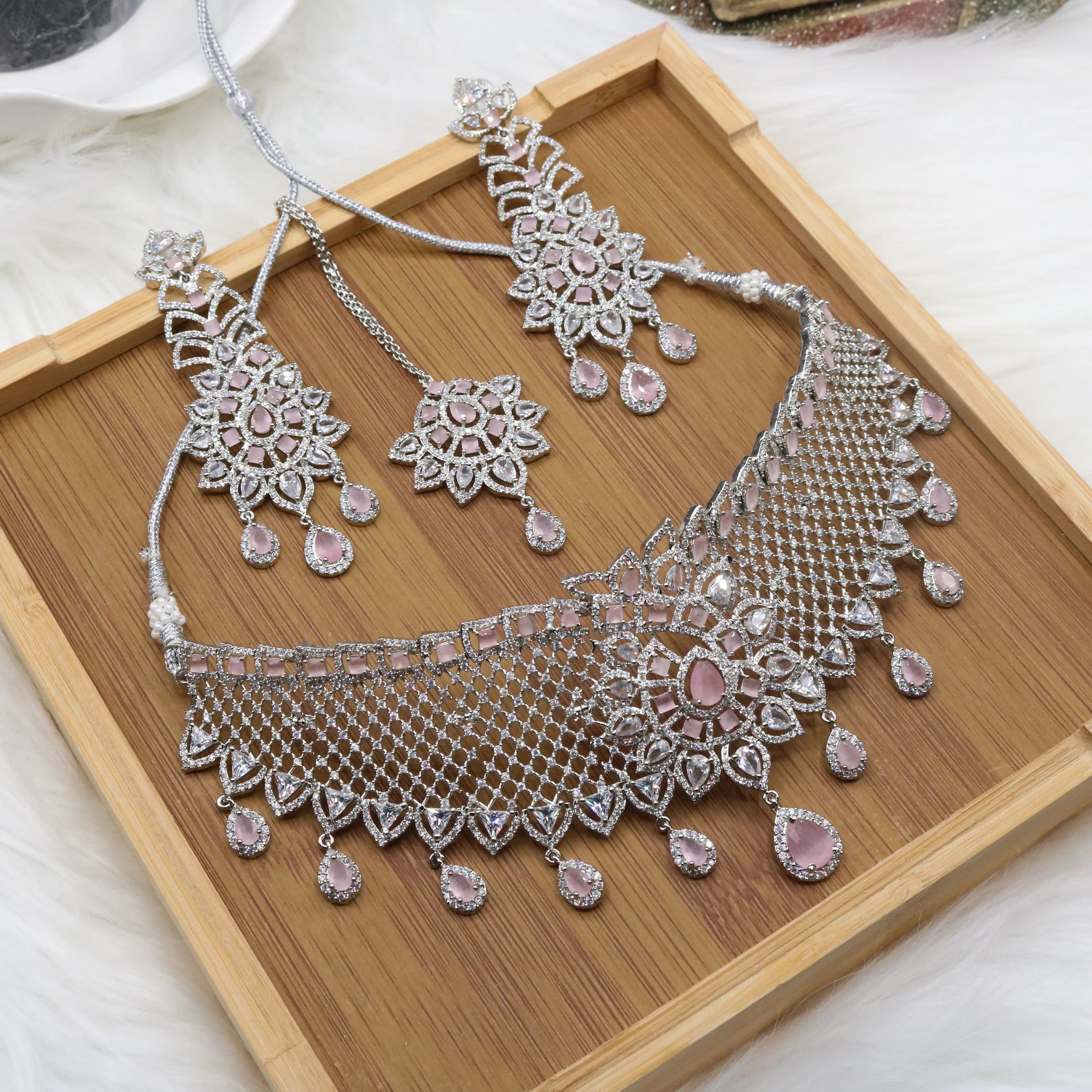 Silver and pink bridal choker necklace set with earrings and teeka