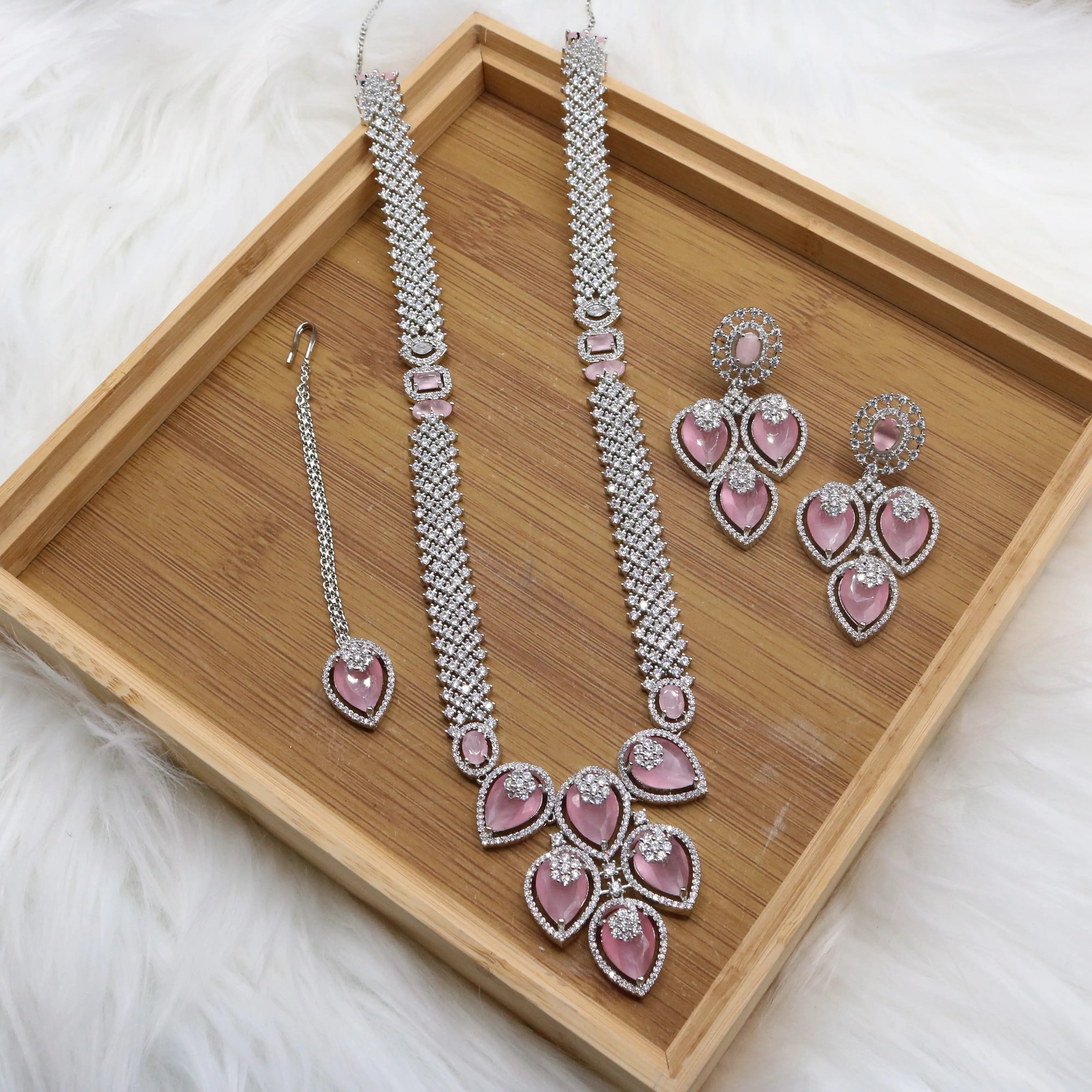 American diamond bridal jewelry set with pastel pink stones