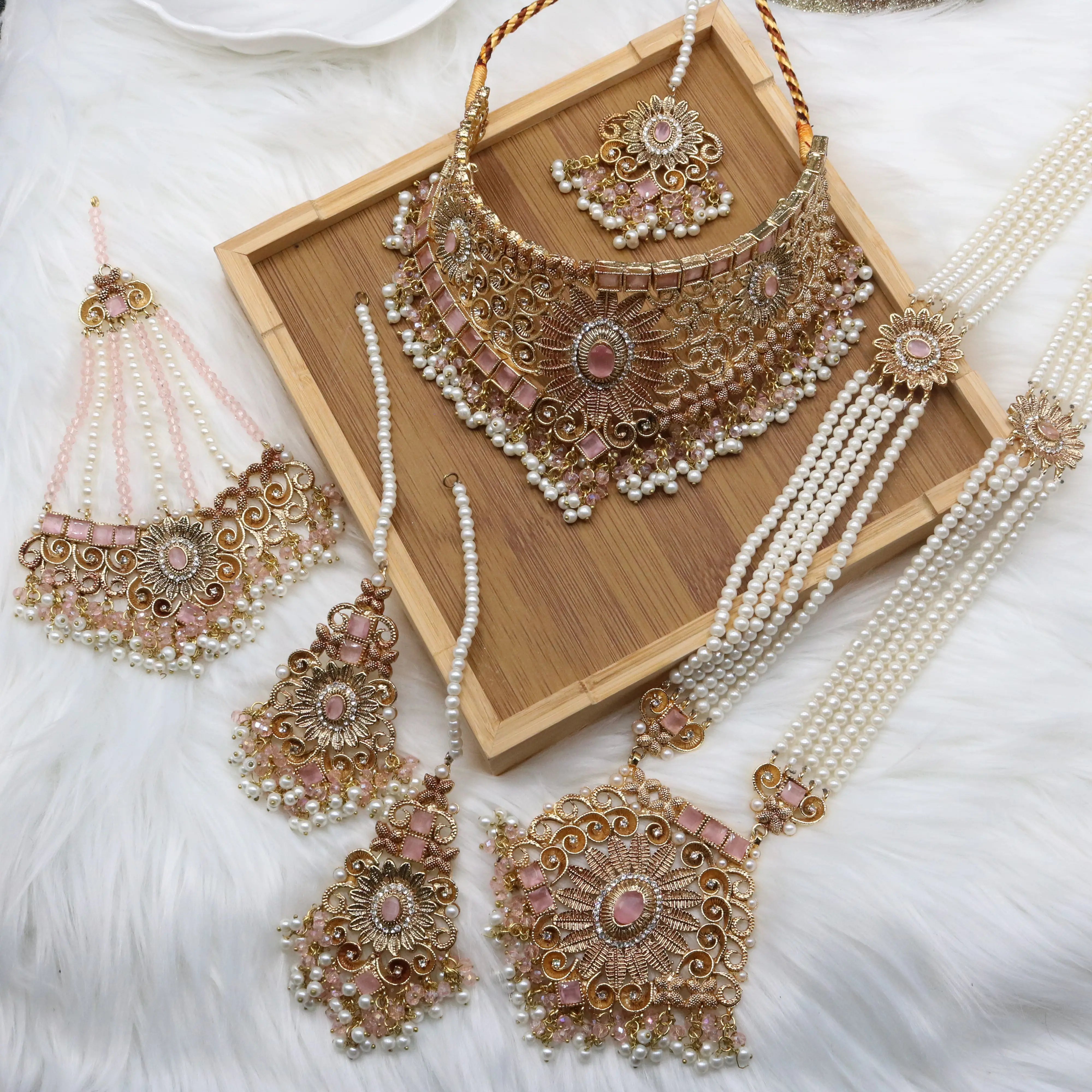 Gold-plated Pakistani bridal set with American diamonds and pearls