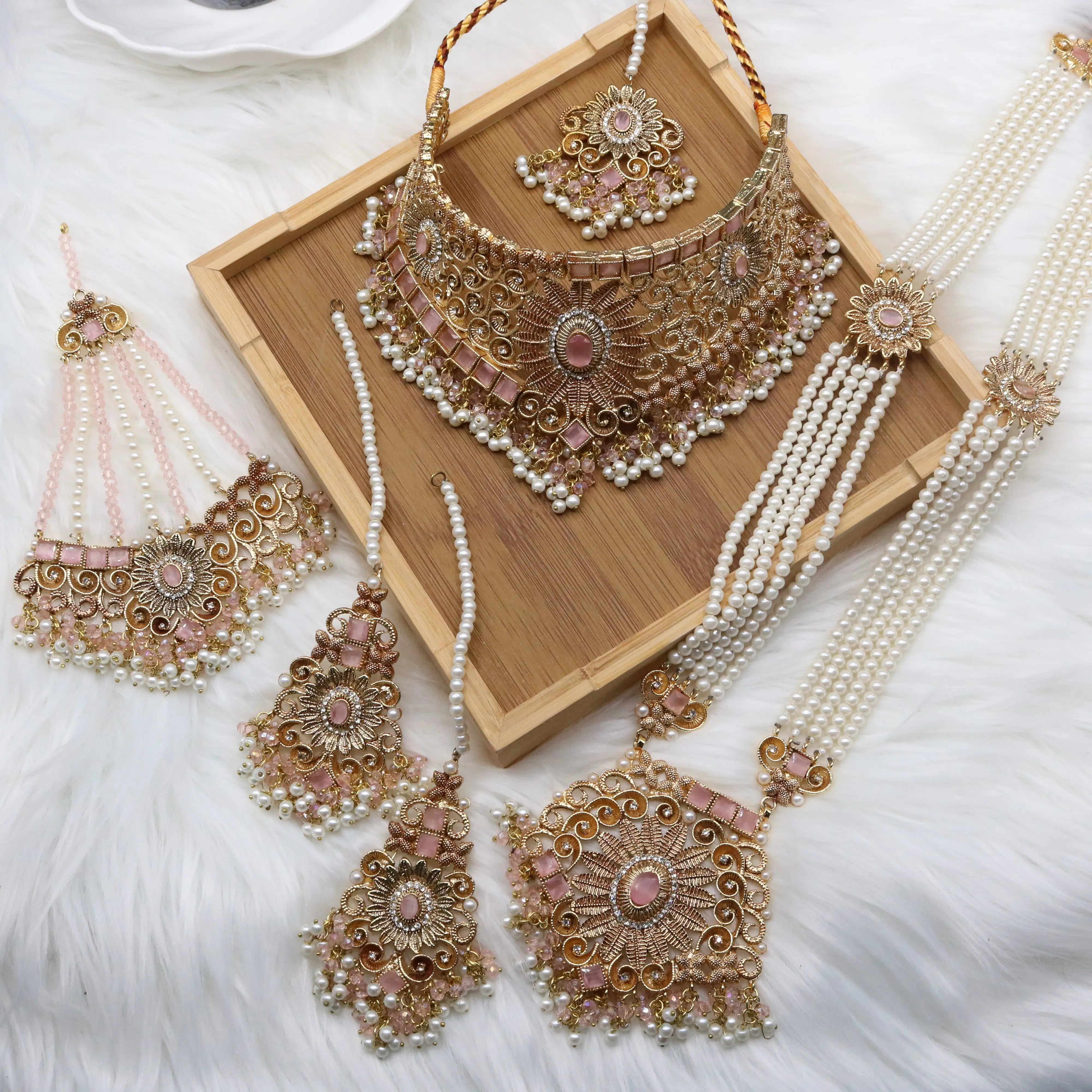 Bridal choker and maala necklace set in pink stones and pearls