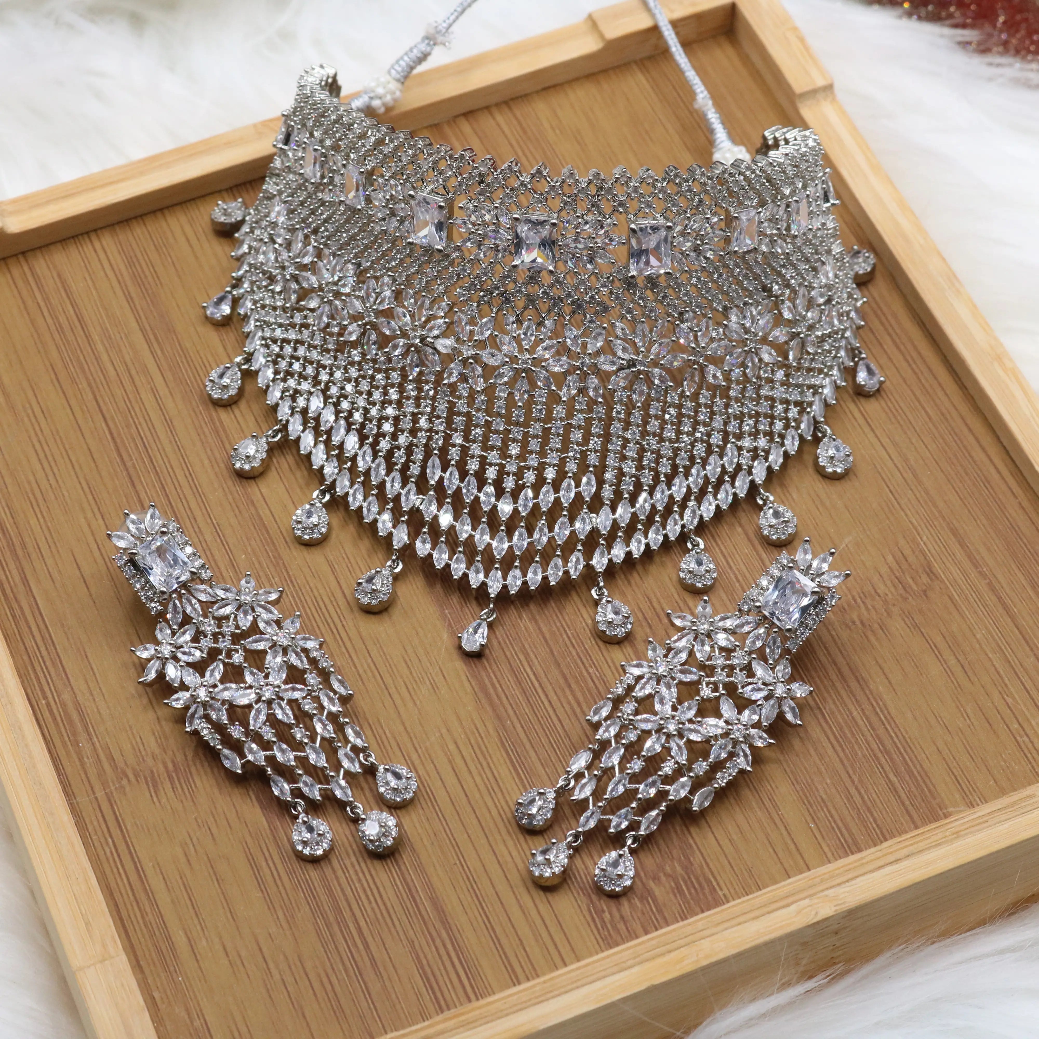 Silver crystal bridal choker necklace with earrings