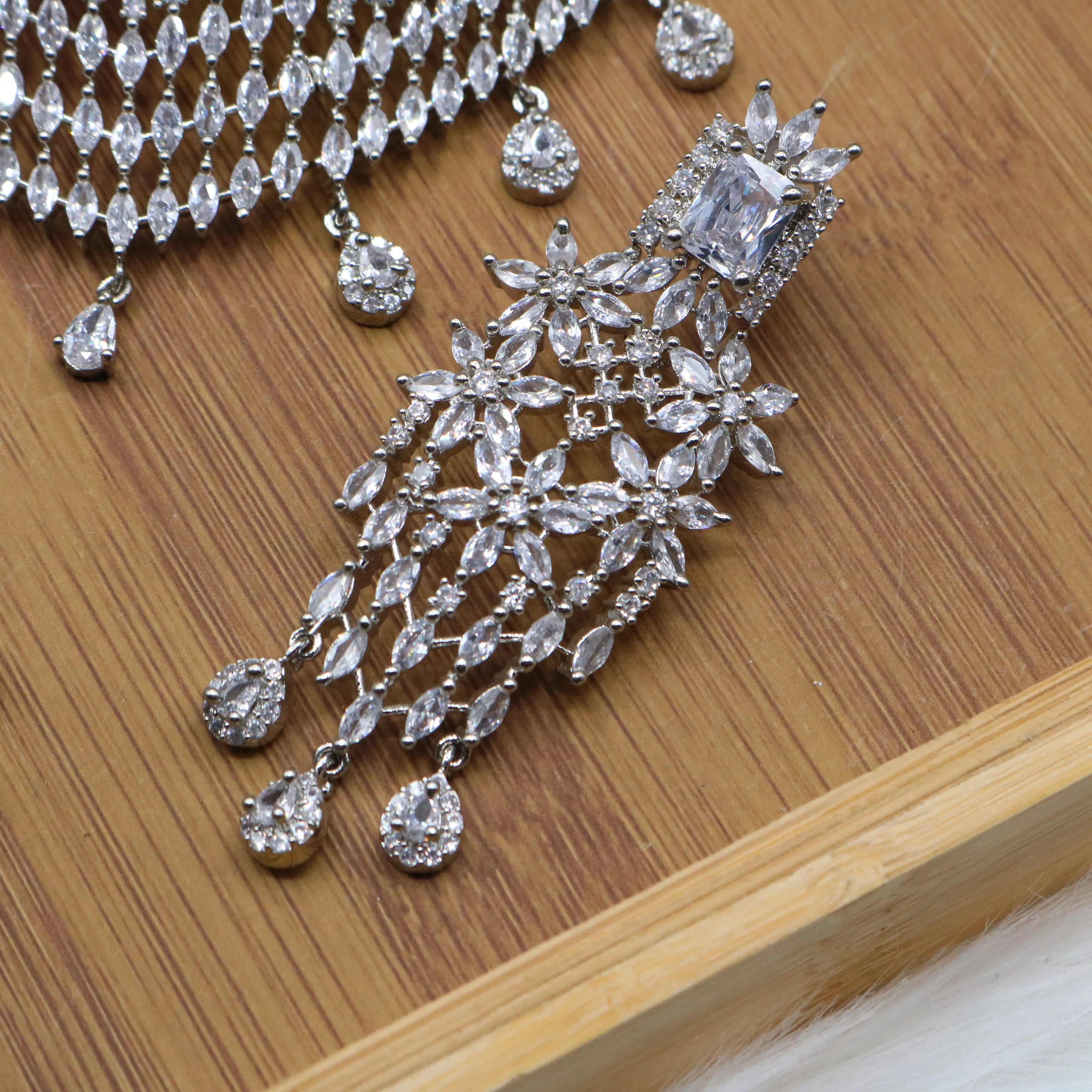 right earring view of Pakistani bridal jewelry crystal choker set