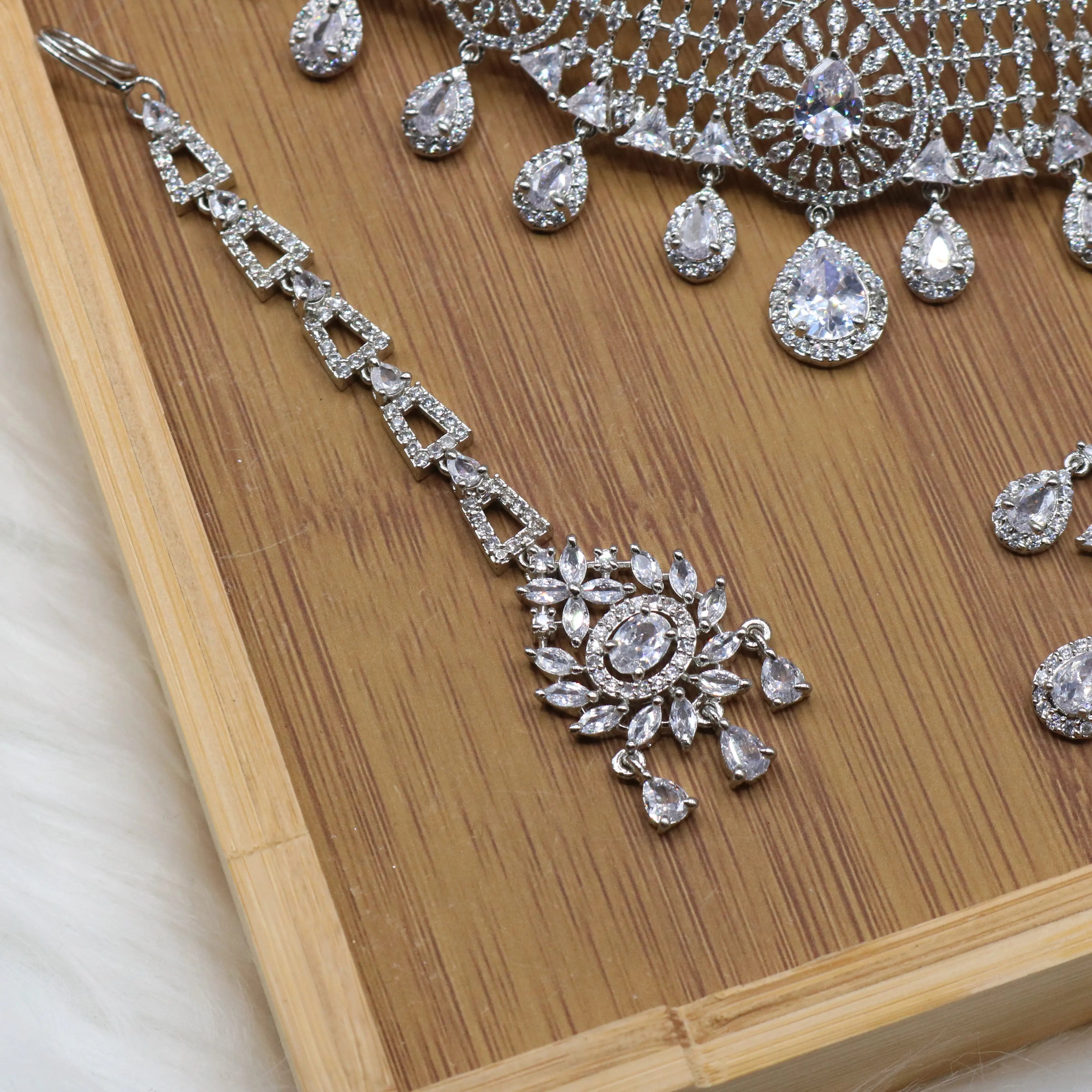 teeka view of Silver bridal choker necklace set with earrings and teeka