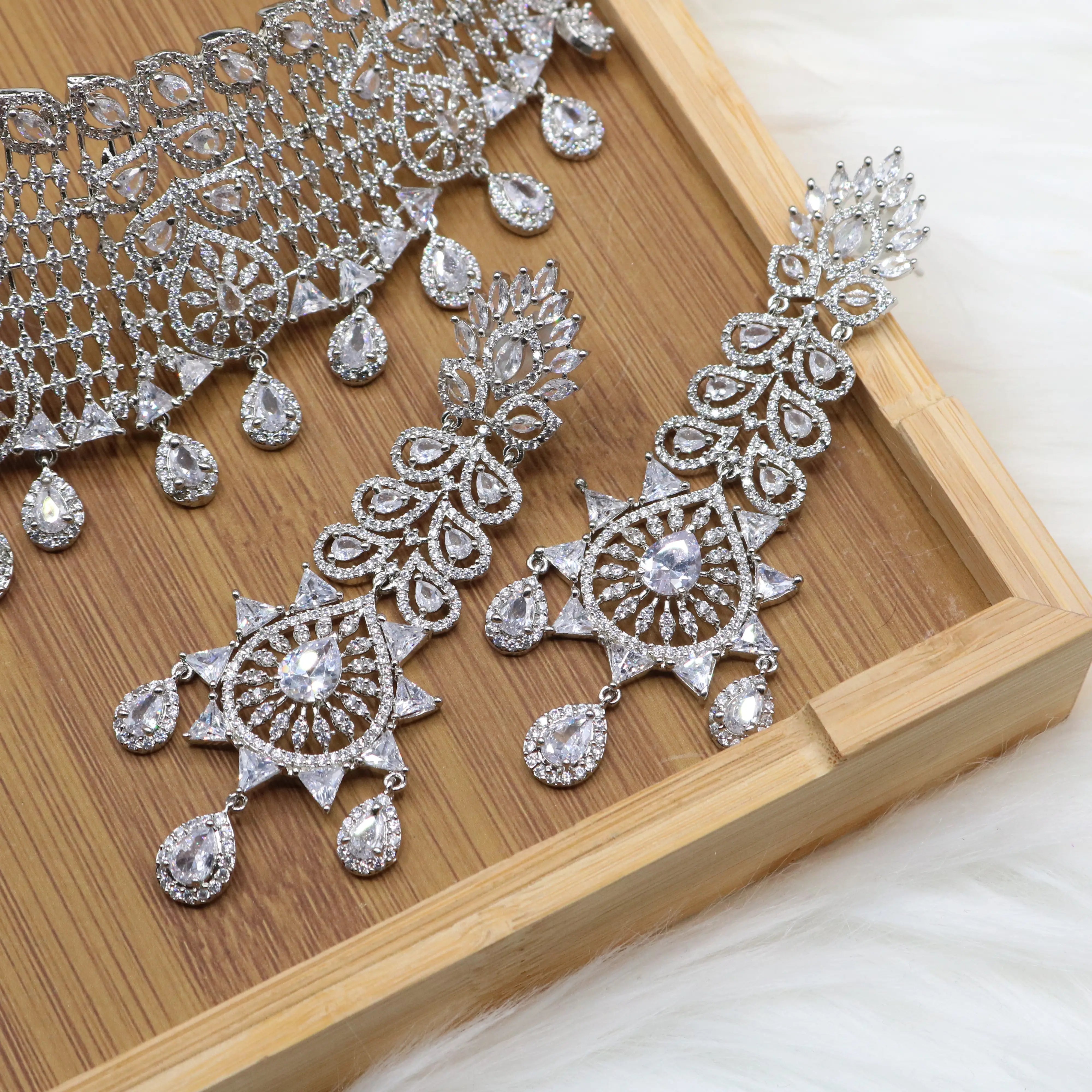 earrings view of Silver bridal choker necklace set with earrings and teeka