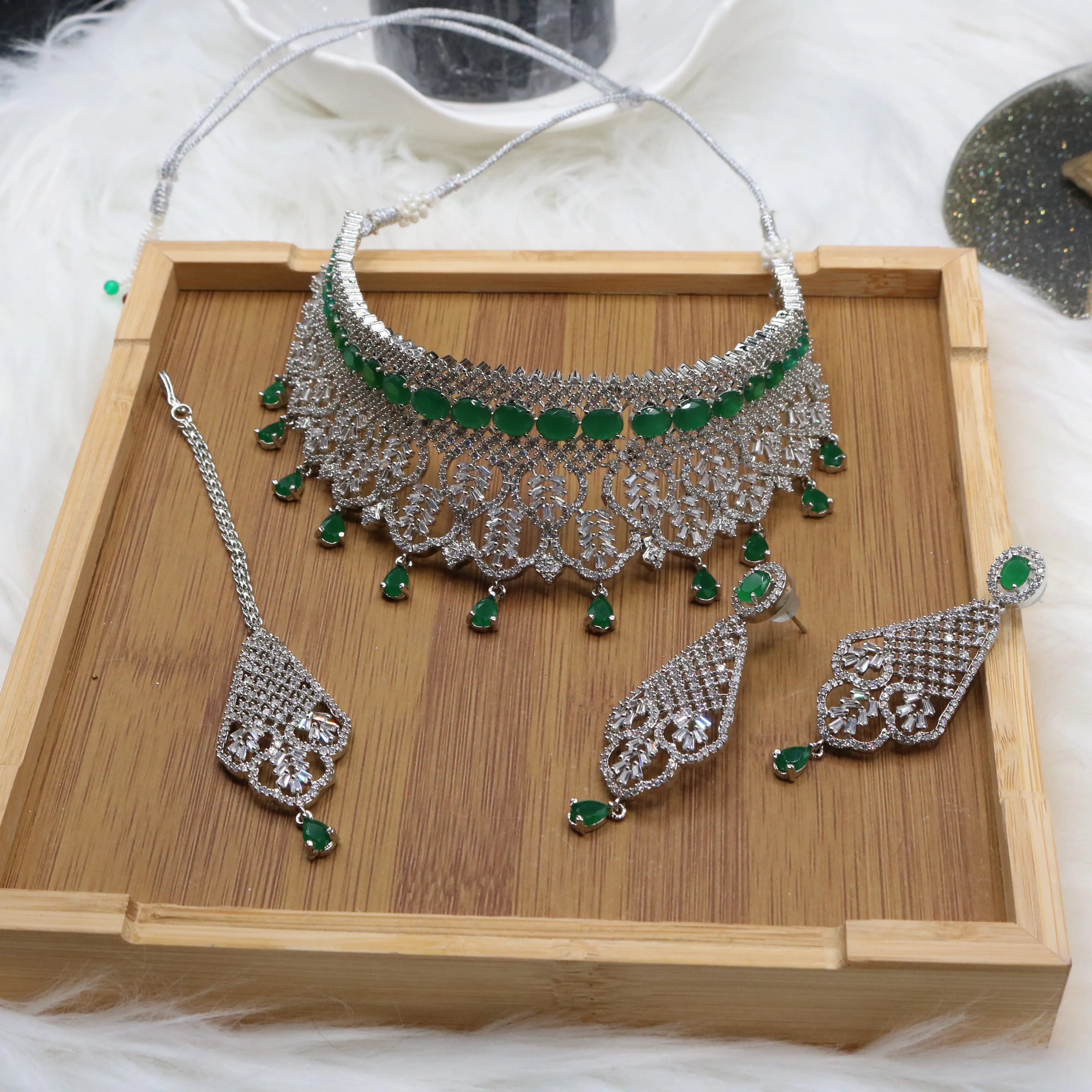 Pakistani bridal choker set with green accents