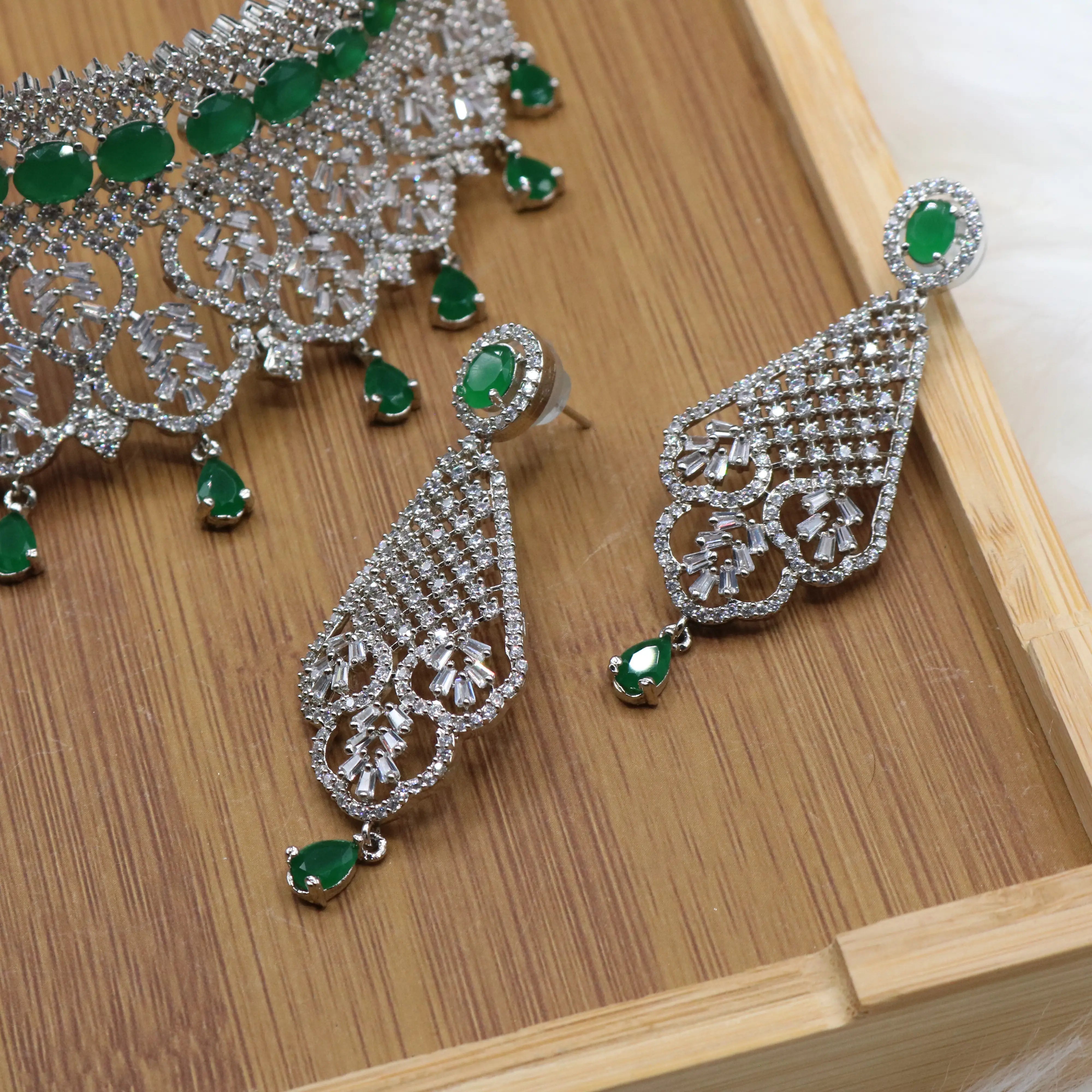 earrings view of Pakistani bridal choker set with green accents