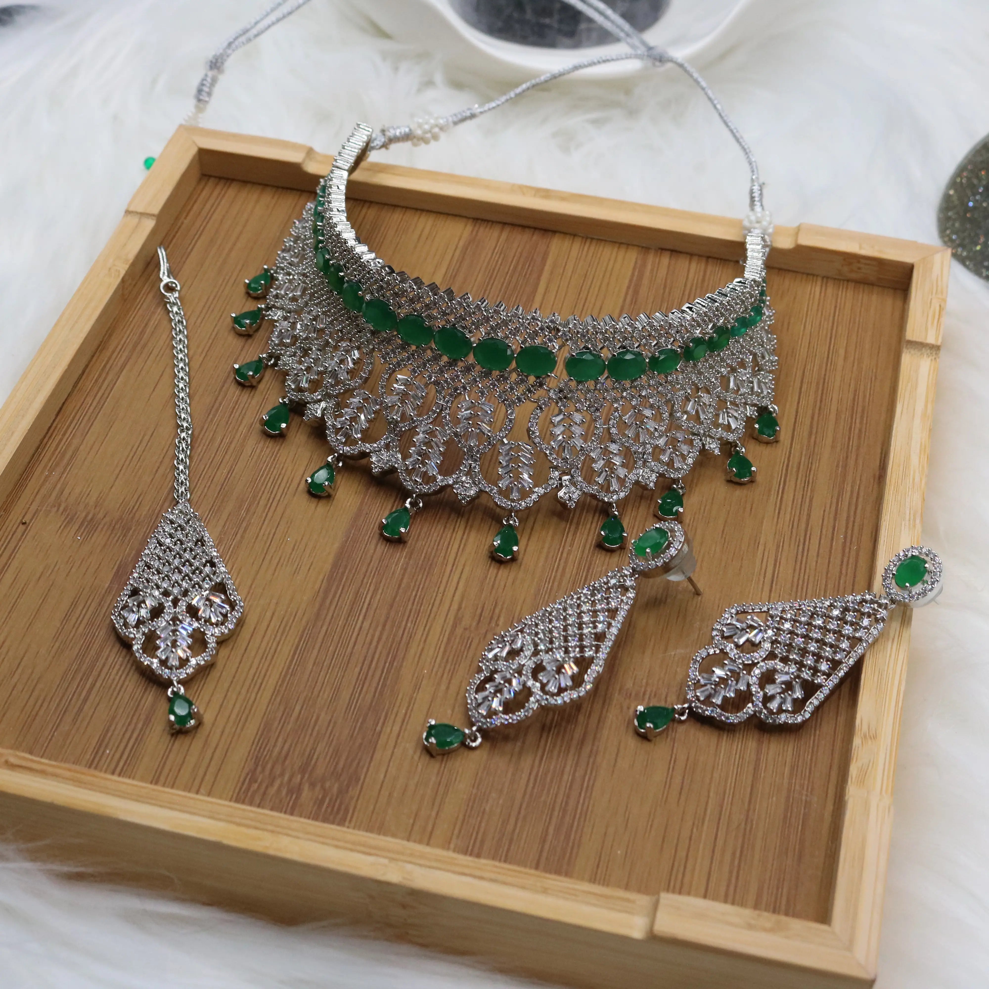 Green and silver bridal choker necklace with earrings and teeka