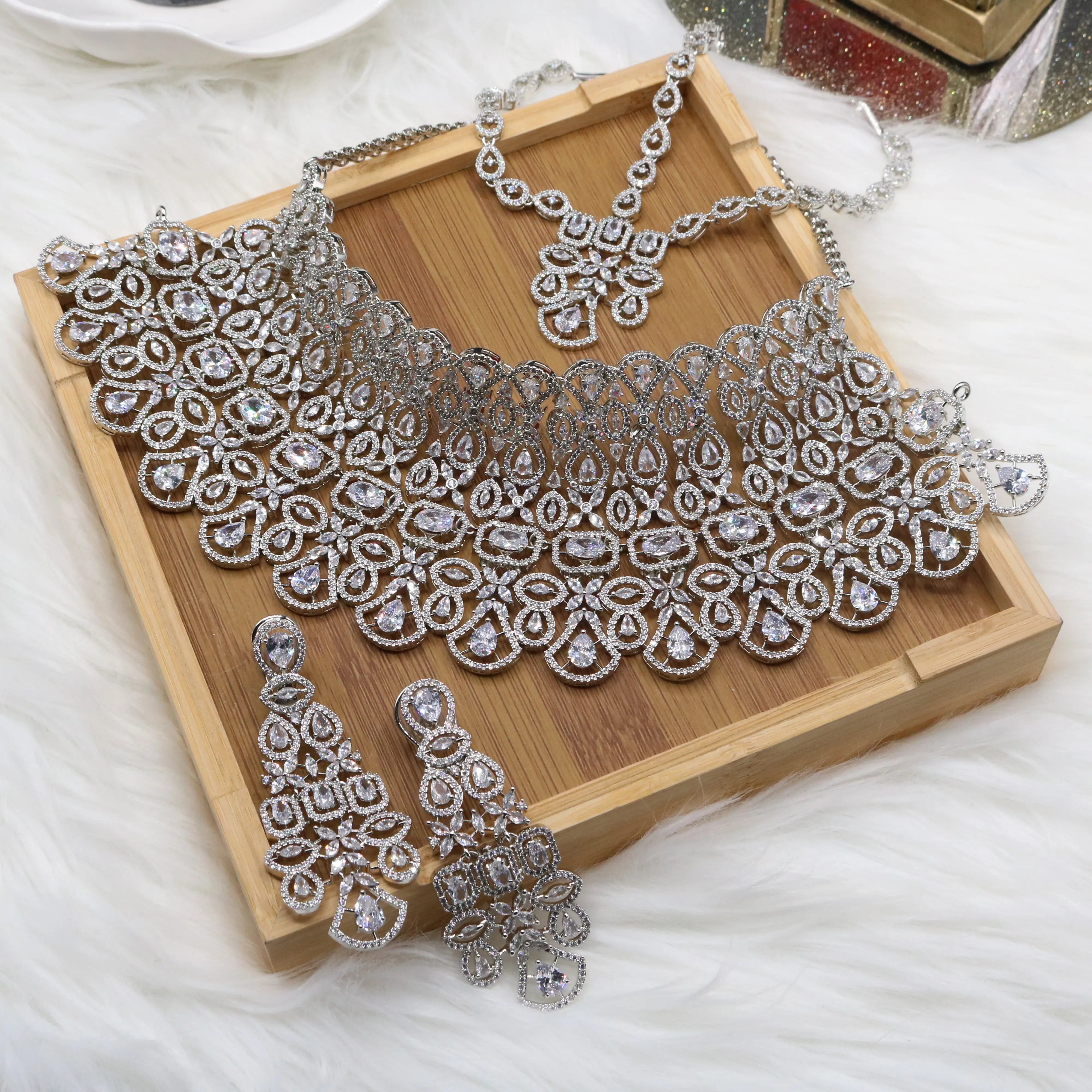 Silver bridal choker necklace set with earrings and matha patti