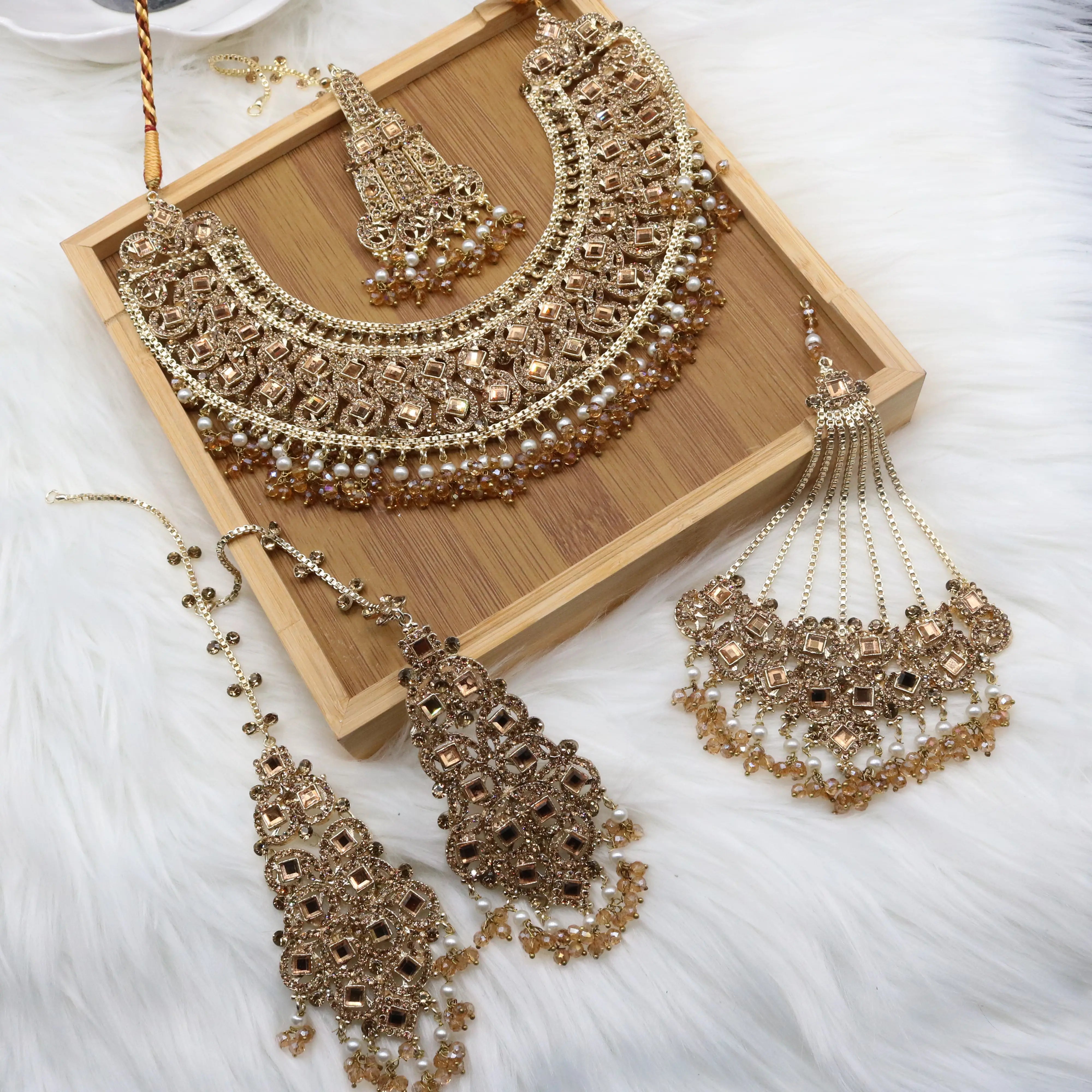 Champagne gold bridal necklace set with earrings, teeka & jhoomer