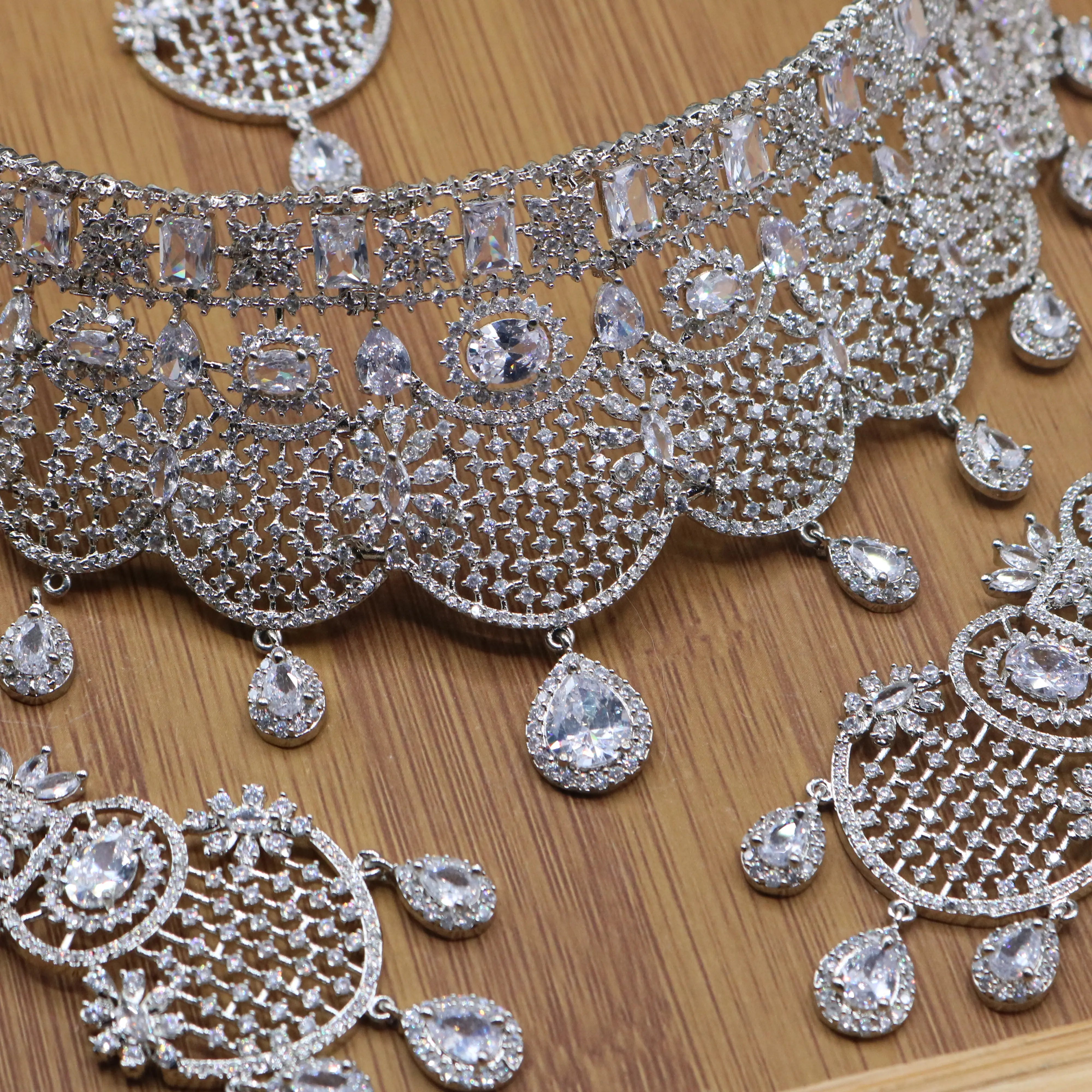 necklace view of Silver Pakistani bridal choker set with earrings and teeka