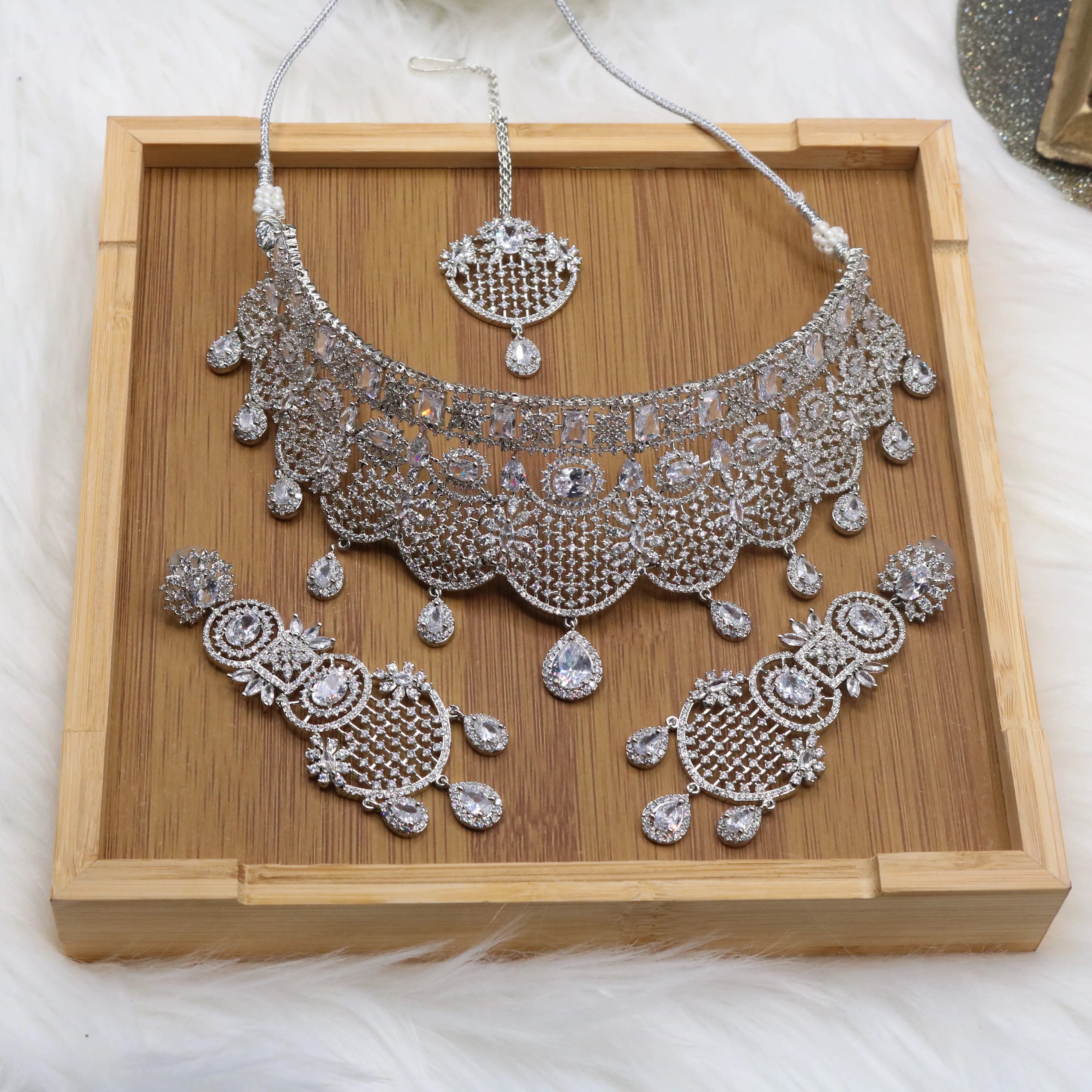 Silver Pakistani bridal choker set with earrings and teeka