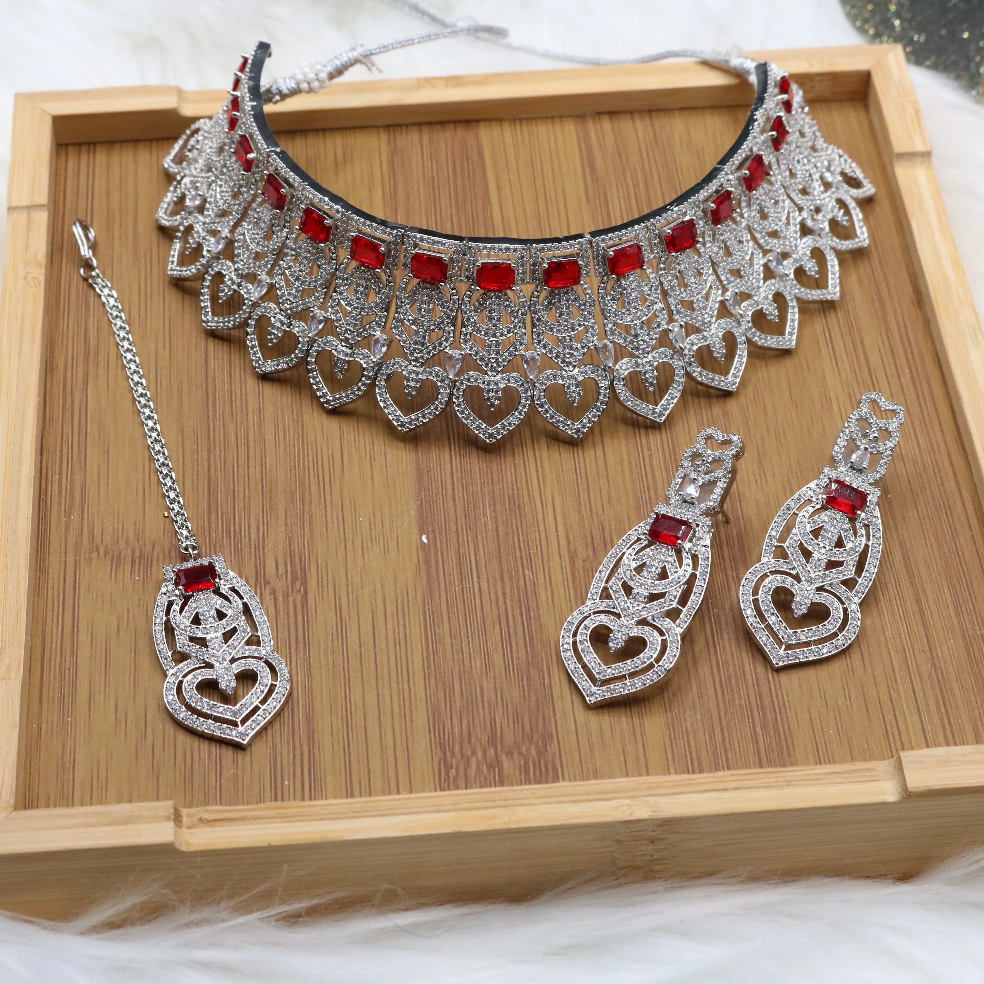 Red stone silver bridal jewelry set without jhoomer