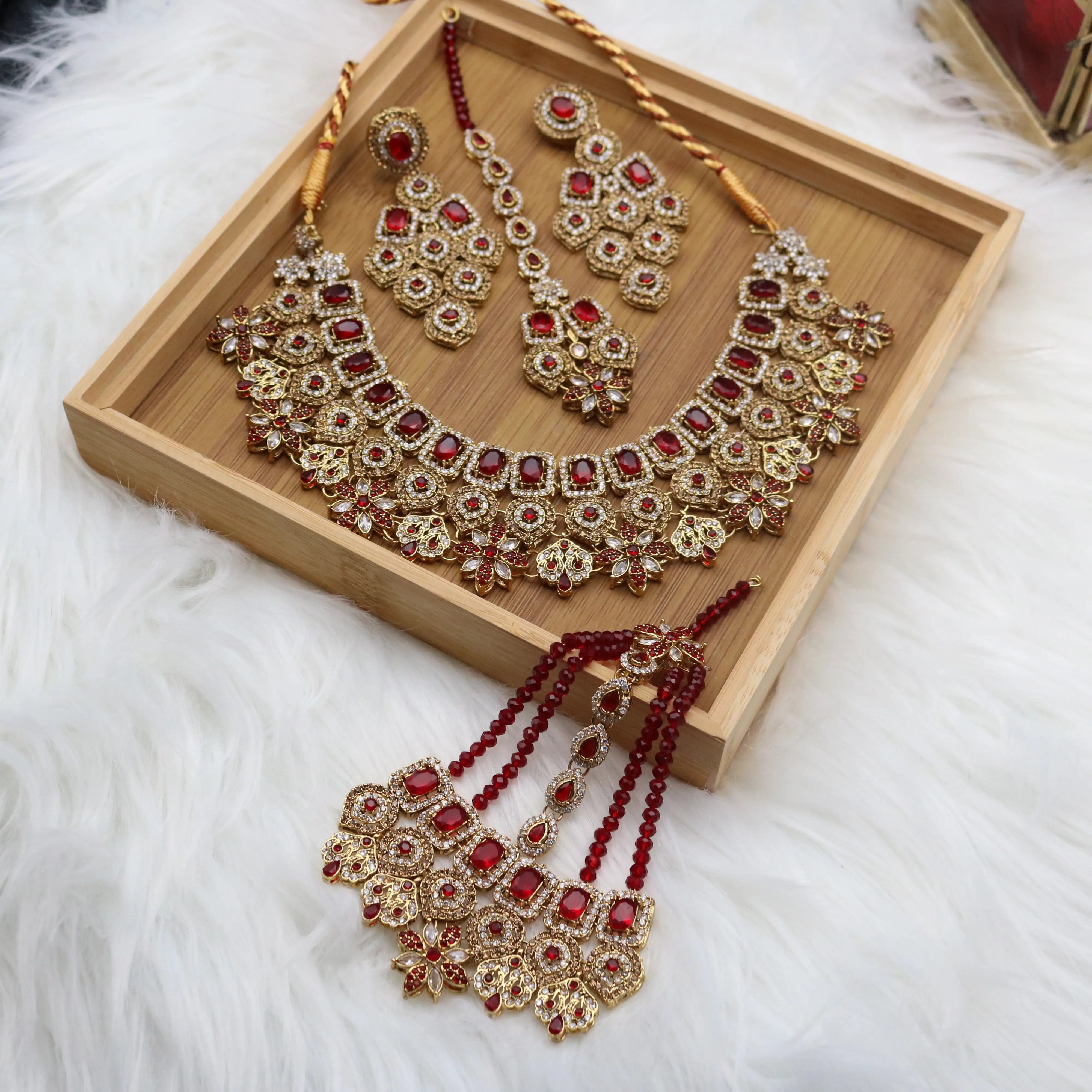 Red bridal necklace set with earrings, teeka & jhoomer