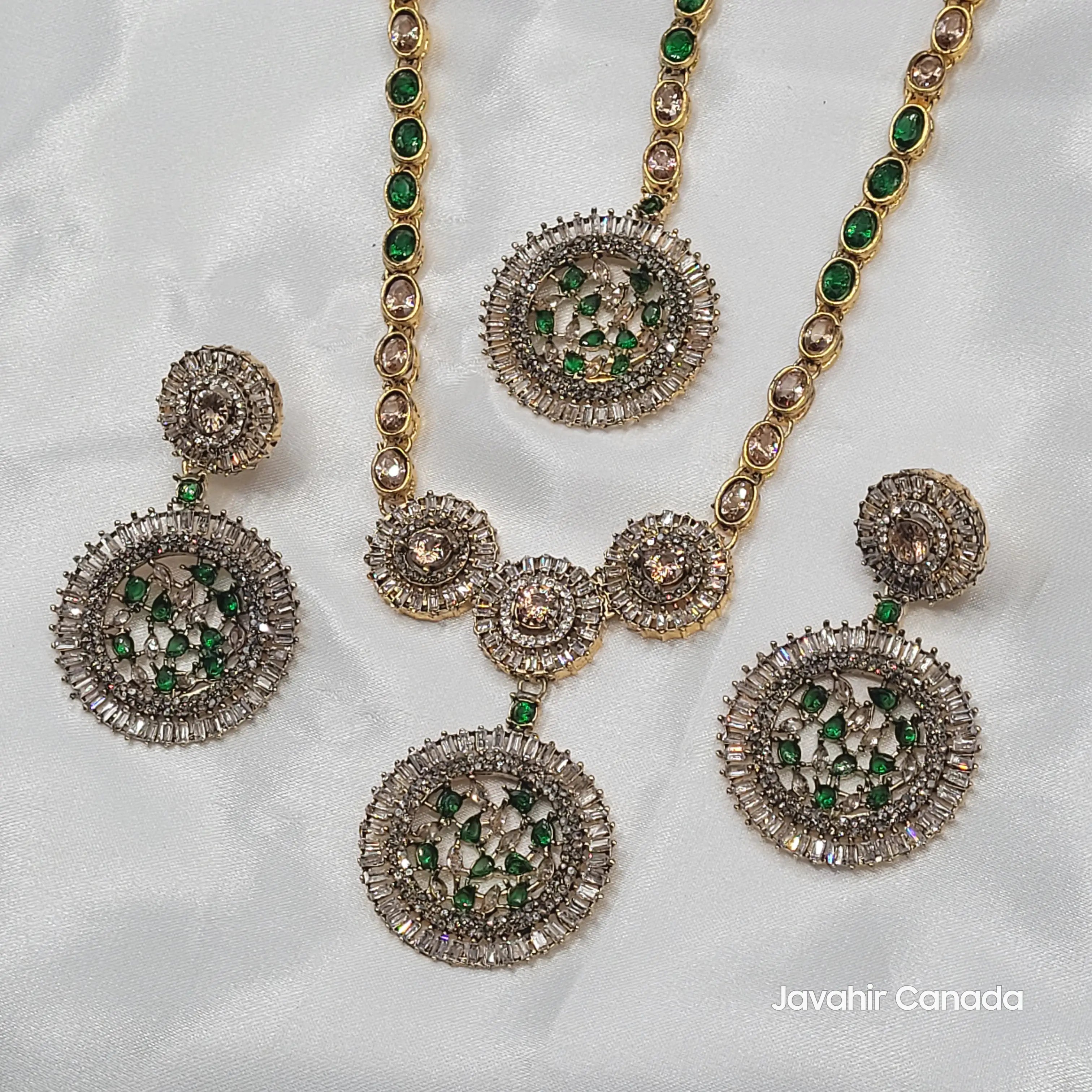 Full JV16 necklace set in green variant with emerald CZ and American diamond accents
