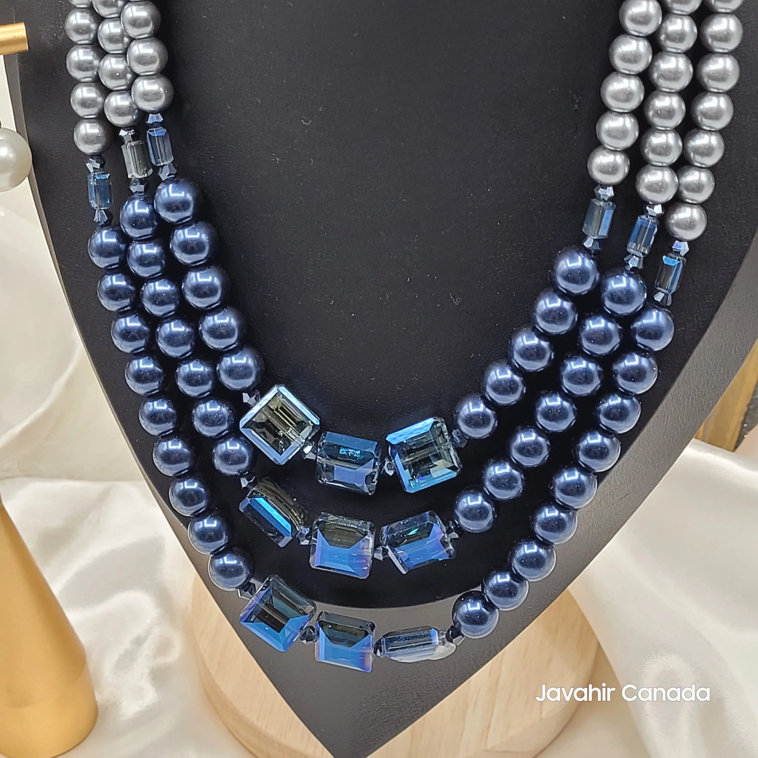 JV160 in Navy Blue – dark blue and grey pearls with sapphire-blue square beads