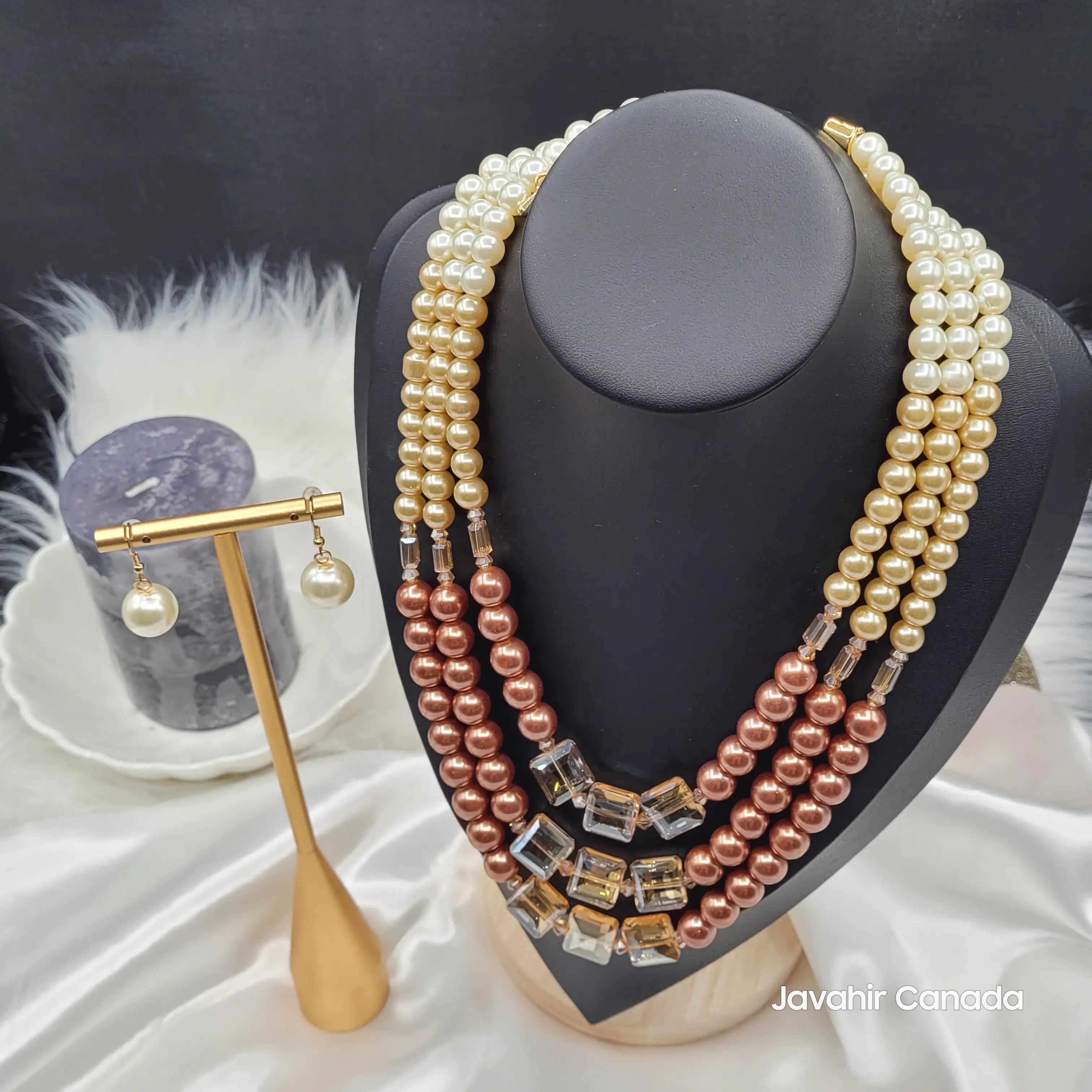 Full view of Golden Bronze variant with matching pearl earrings