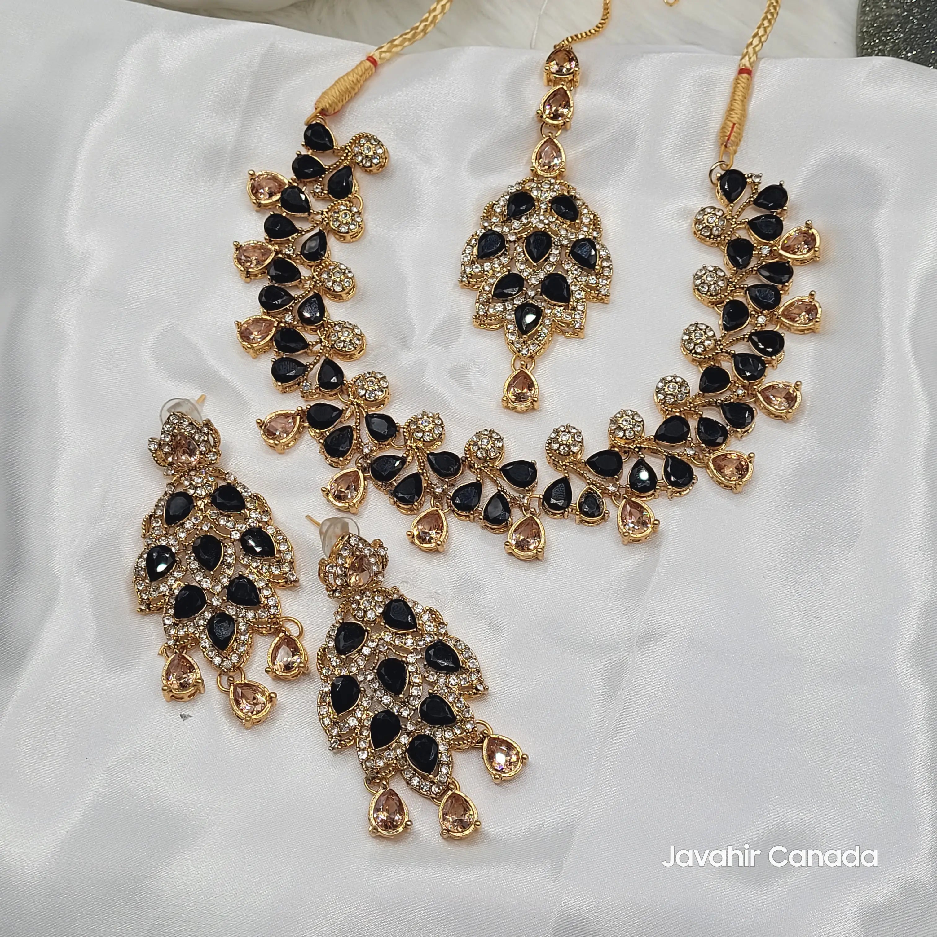 Full JV20 necklace set in black variant including earrings, pendant, and teeka