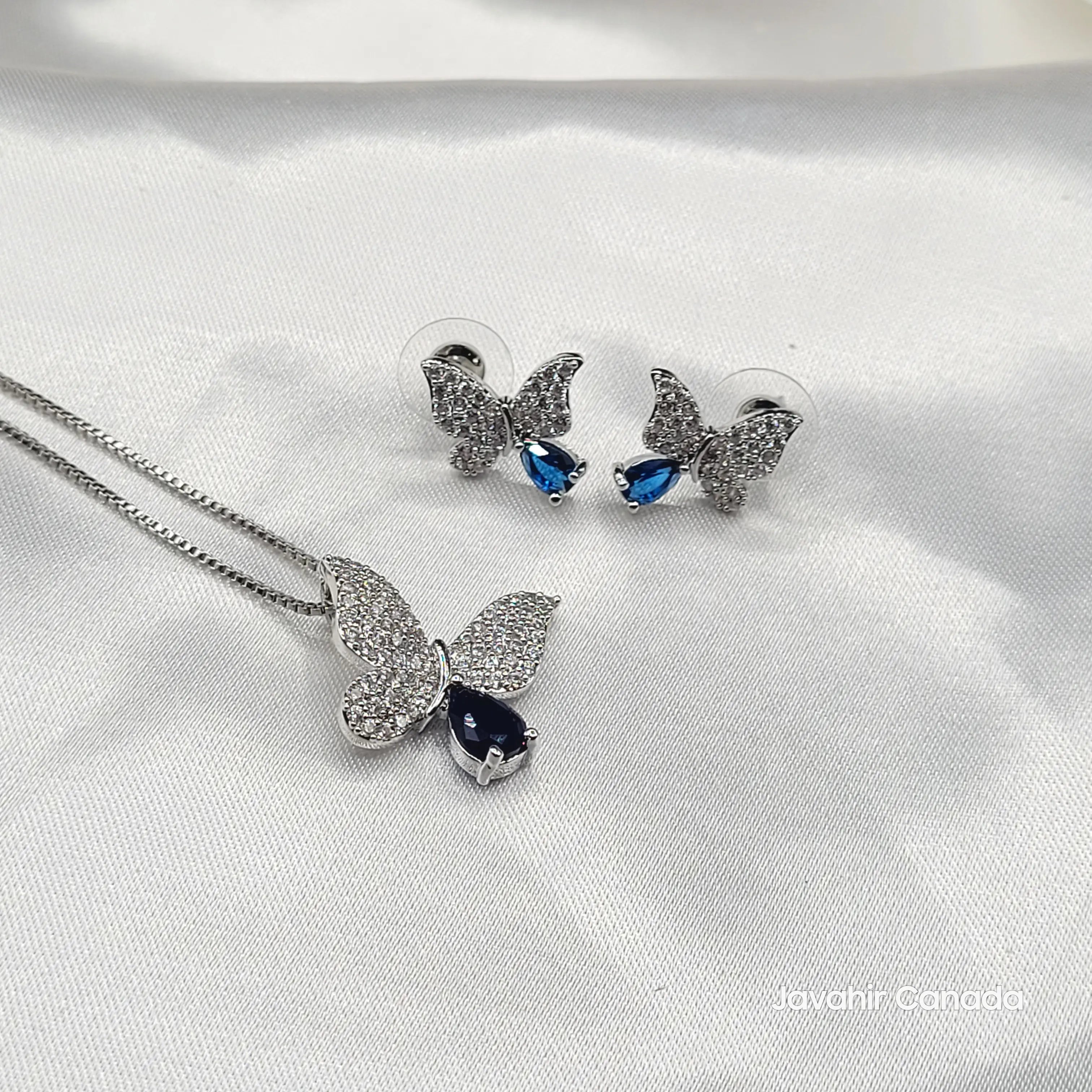 JV200 butterfly pendant earrings set silver with blue gemstone – AD stones
