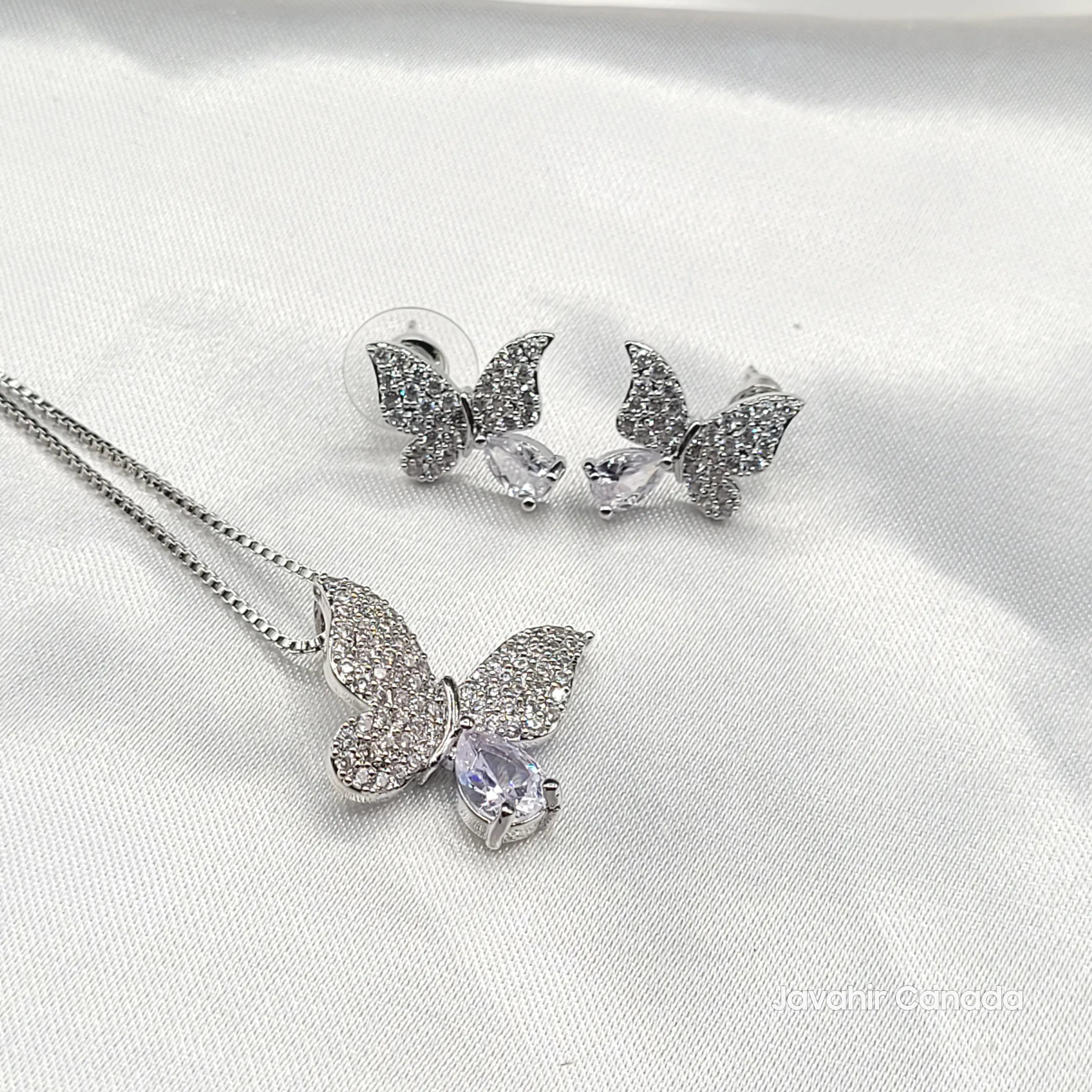 JV200 butterfly pendant set silver plated with clear teardrop stone – American Diamond