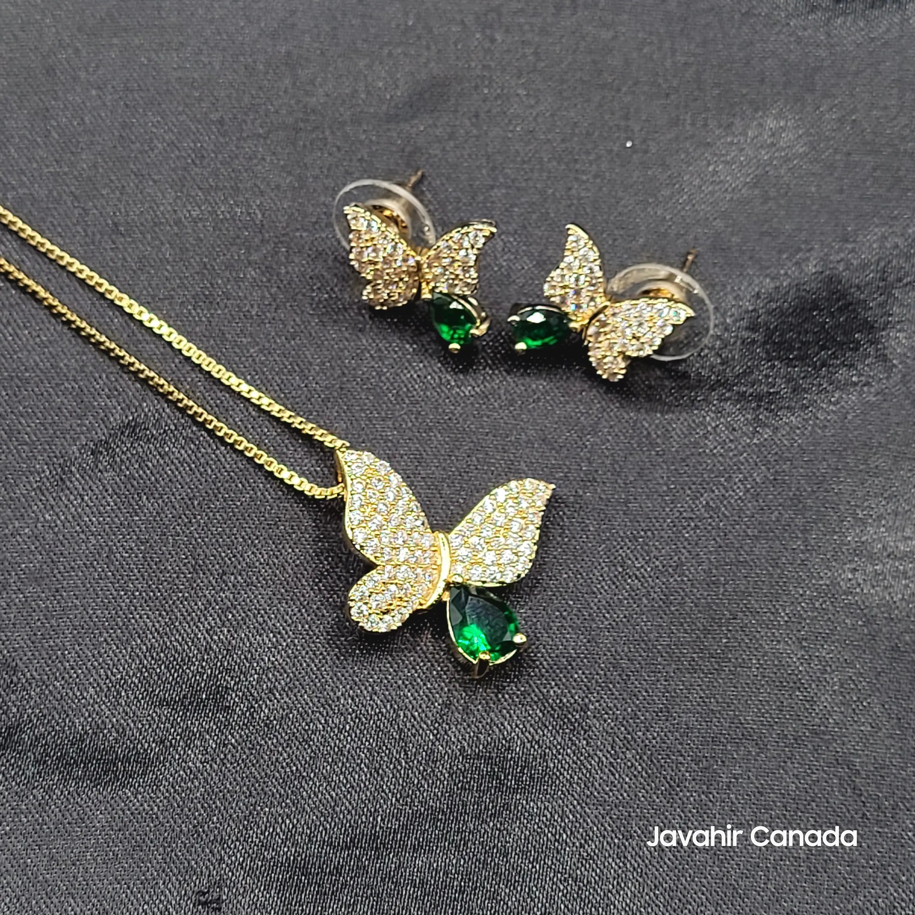 JV200 butterfly pendant set gold plated with green teardrop stone – Pakistani jewelry