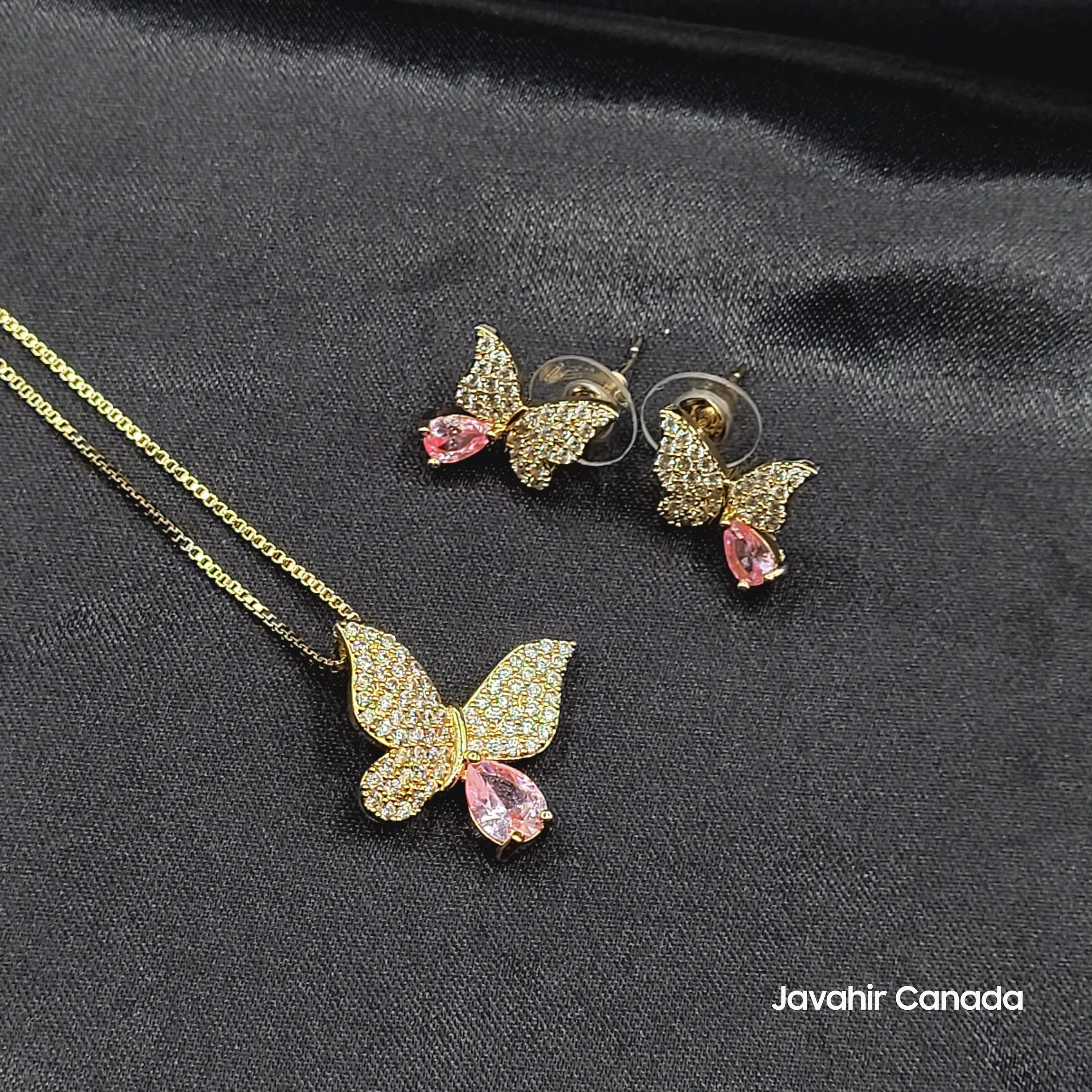 JV200 gold butterfly pendant earrings set with pink gemstone – AD stone jewelry