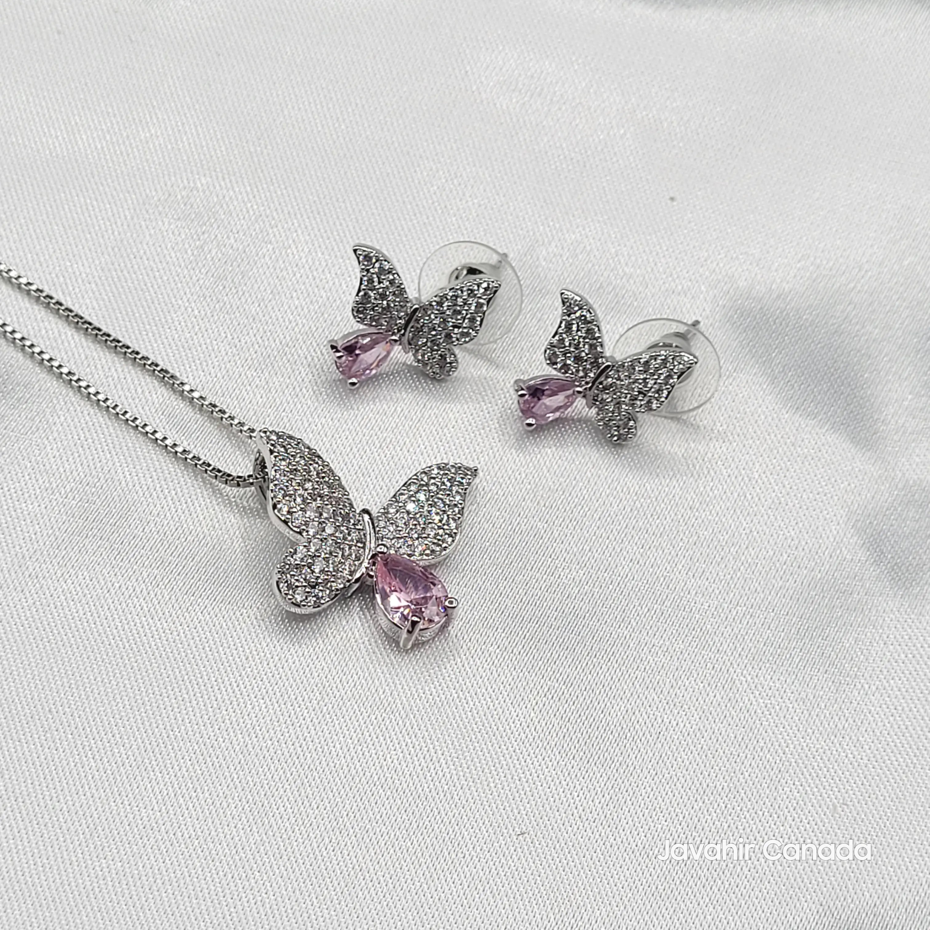 JV200 butterfly pendant set silver plated with pink teardrop stone – elegant jewelry
