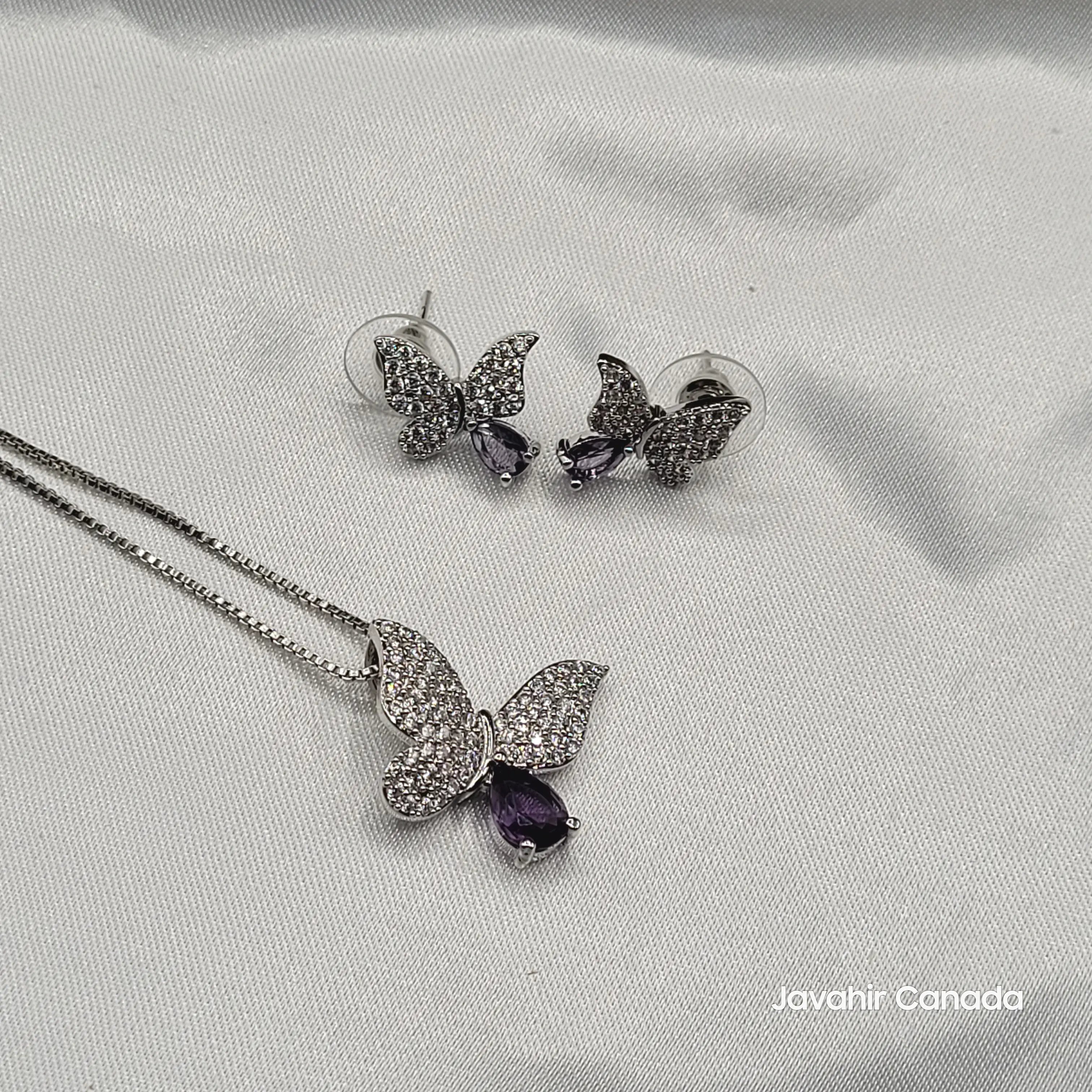 JV200 butterfly pendant set silver plated with purple teardrop stone – Javahir Canada