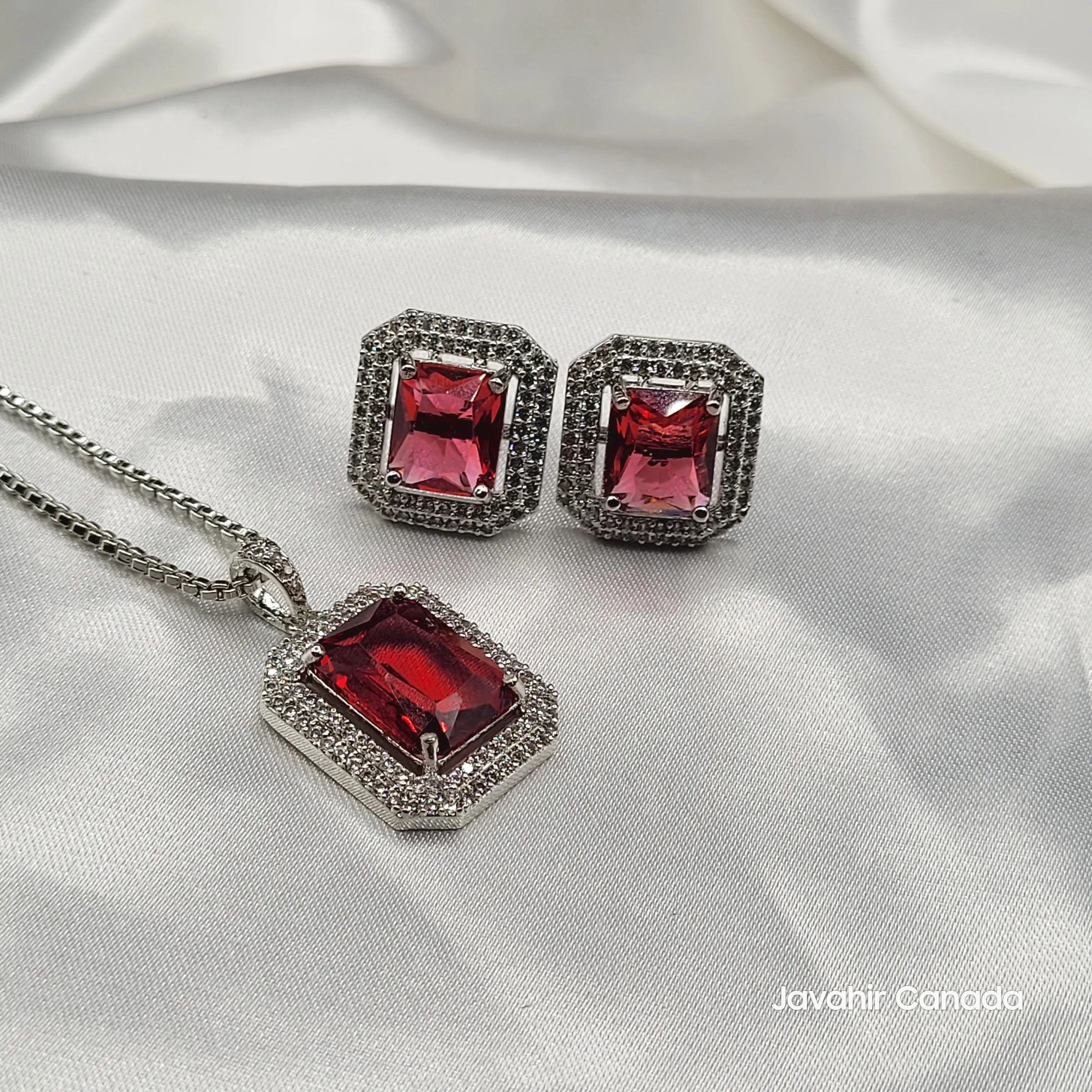 JV201 emerald-cut pendant earrings set silver with ruby red stone – American Diamond jewelry