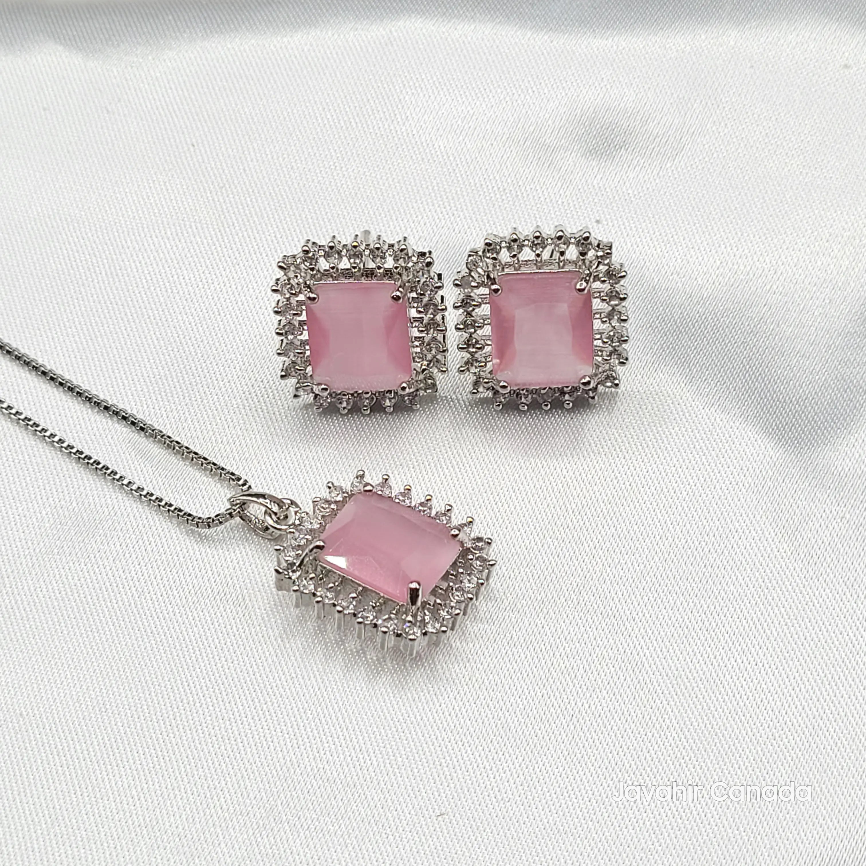 JV202 square pendant earrings set silver with pink gemstone – American Diamond jewelry