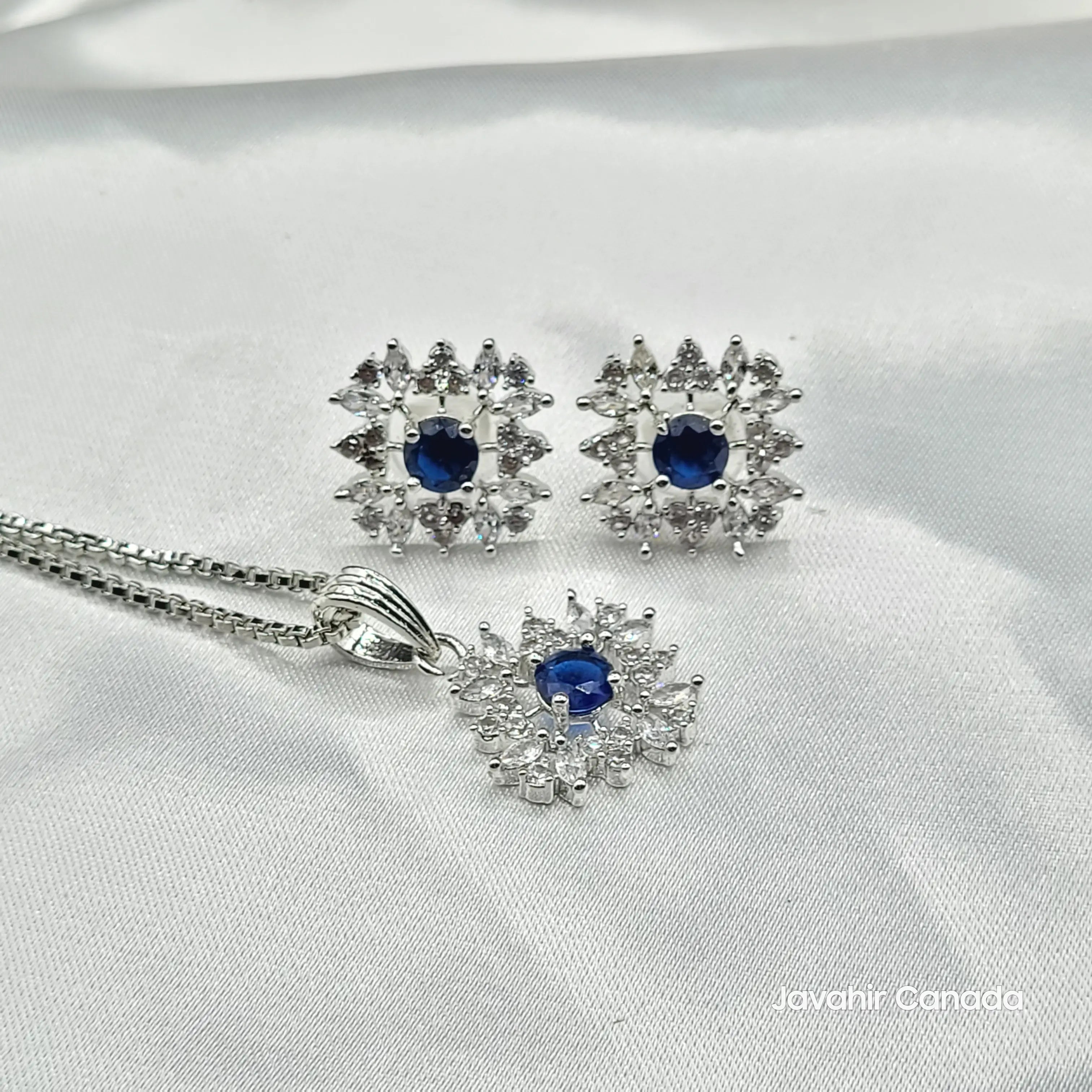 JV203 blue gemstone floral halo pendant set silver plated – elegant jewelry