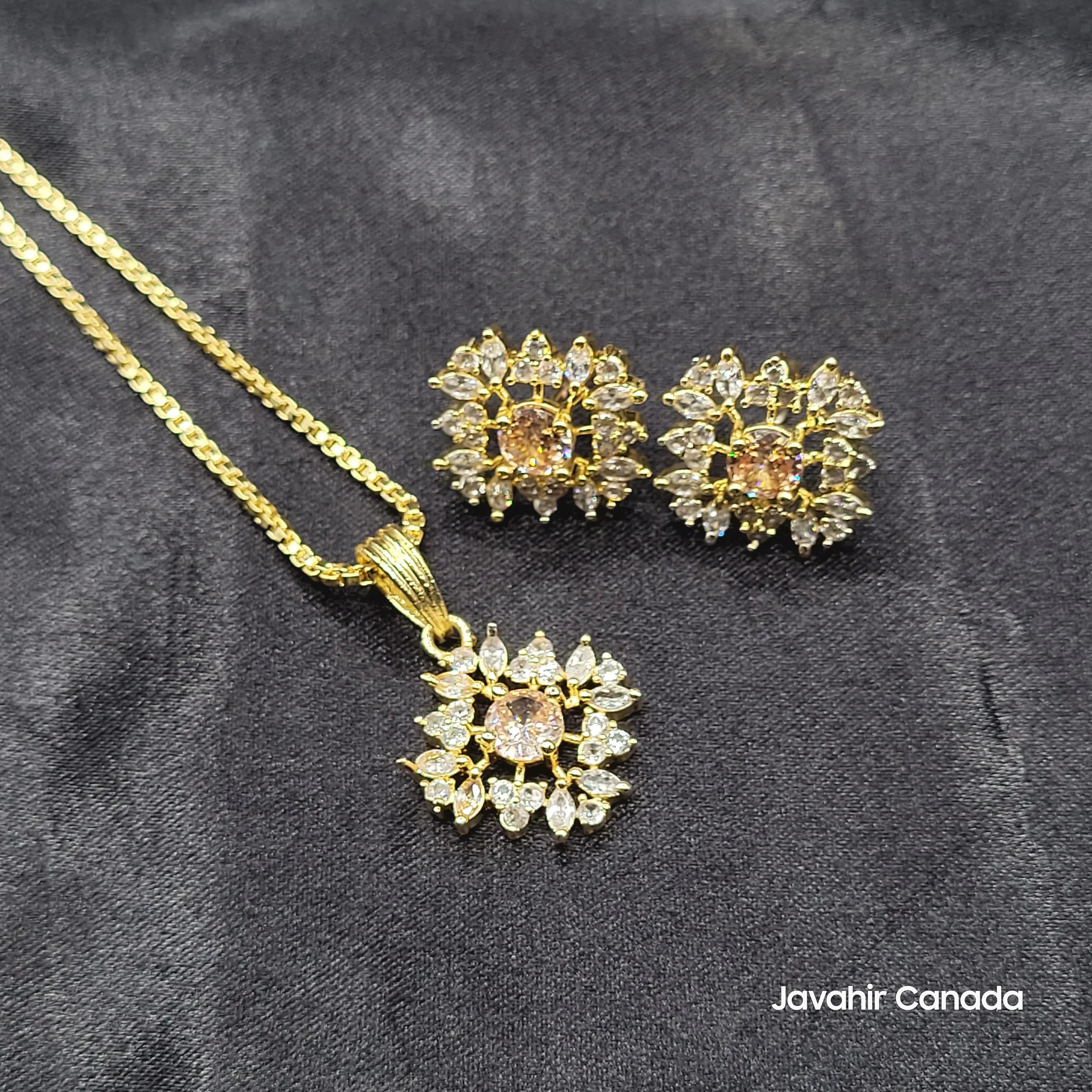 JV203 gold floral pendant set with champagne stone – AD halo jewelry