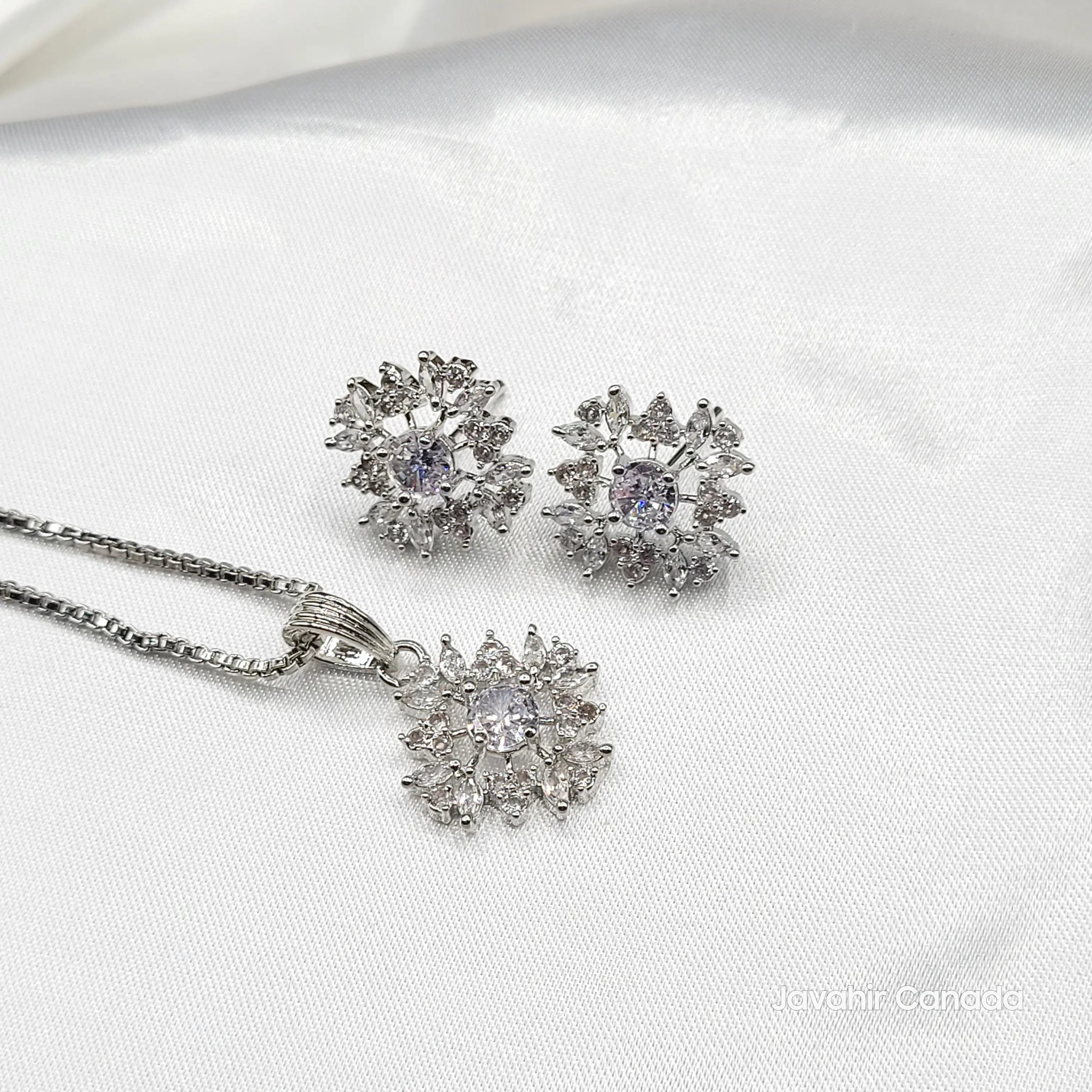 JV203 clear floral halo pendant and earrings set silver plated – AD stones