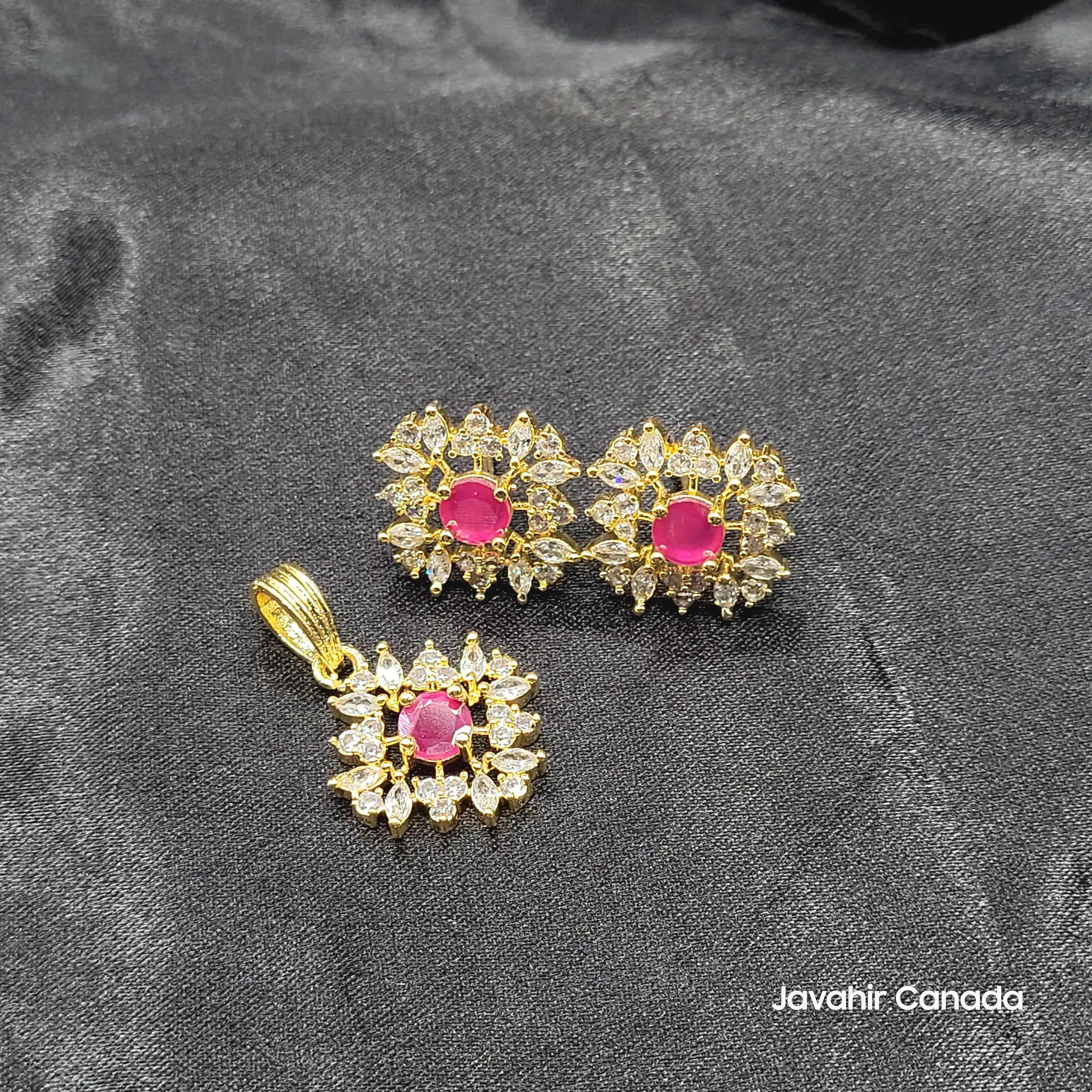 JV203 gold halo pendant and earrings set with pink gemstone – Pakistani jewelry