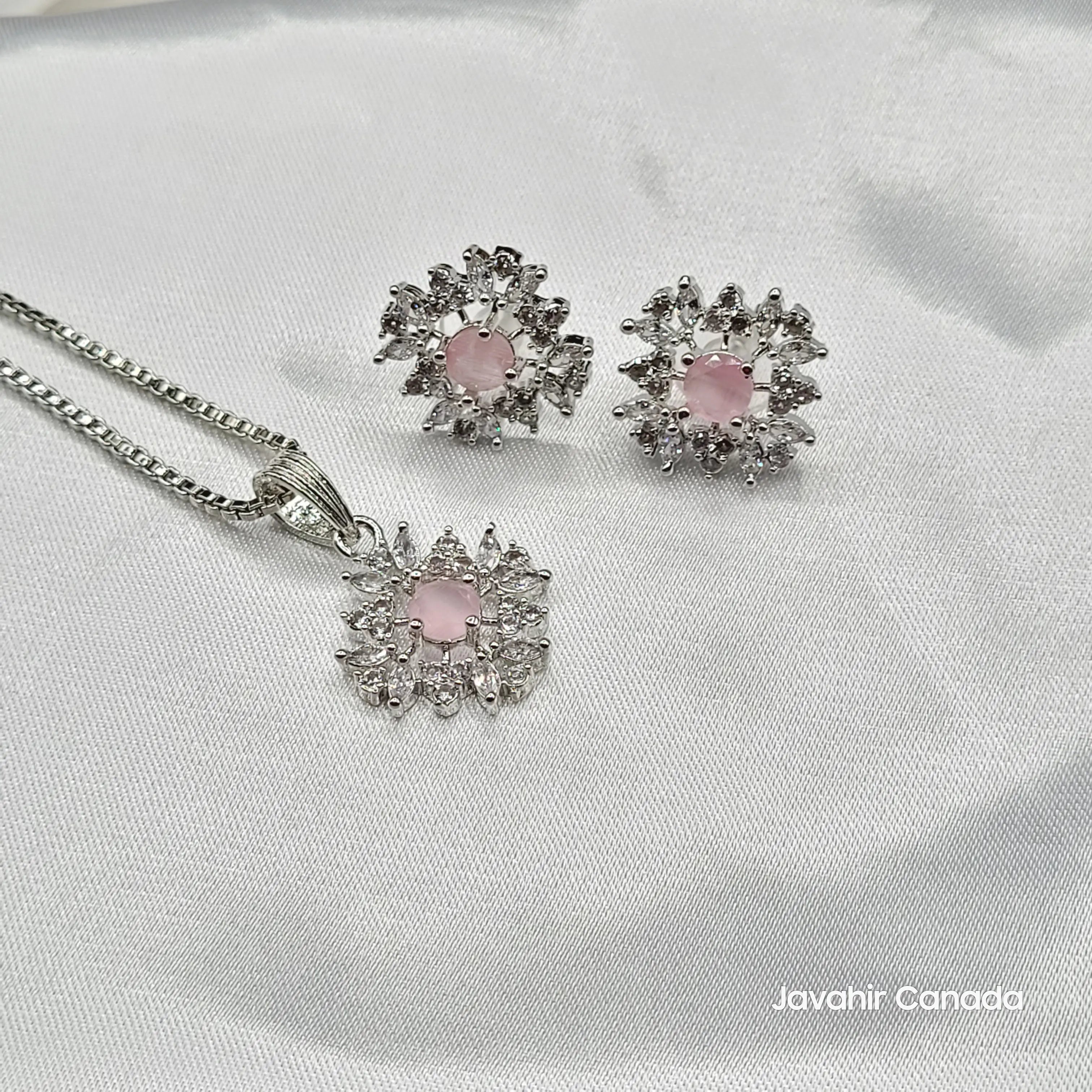 JV203 floral halo pendant set silver plated with pink center stone – Javahir Canada