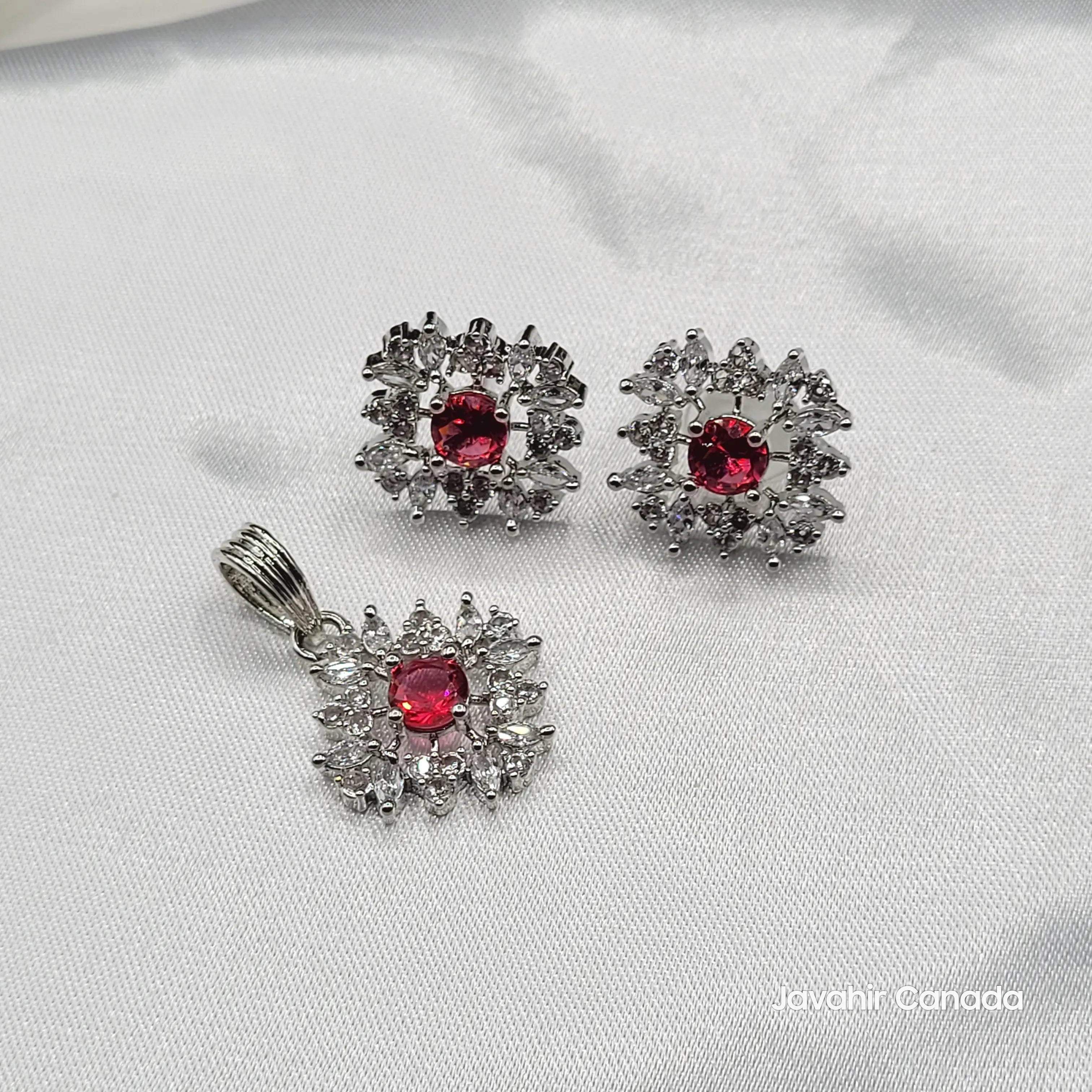 JV203 silver halo pendant earrings set with ruby red stone – American Diamond jewelry