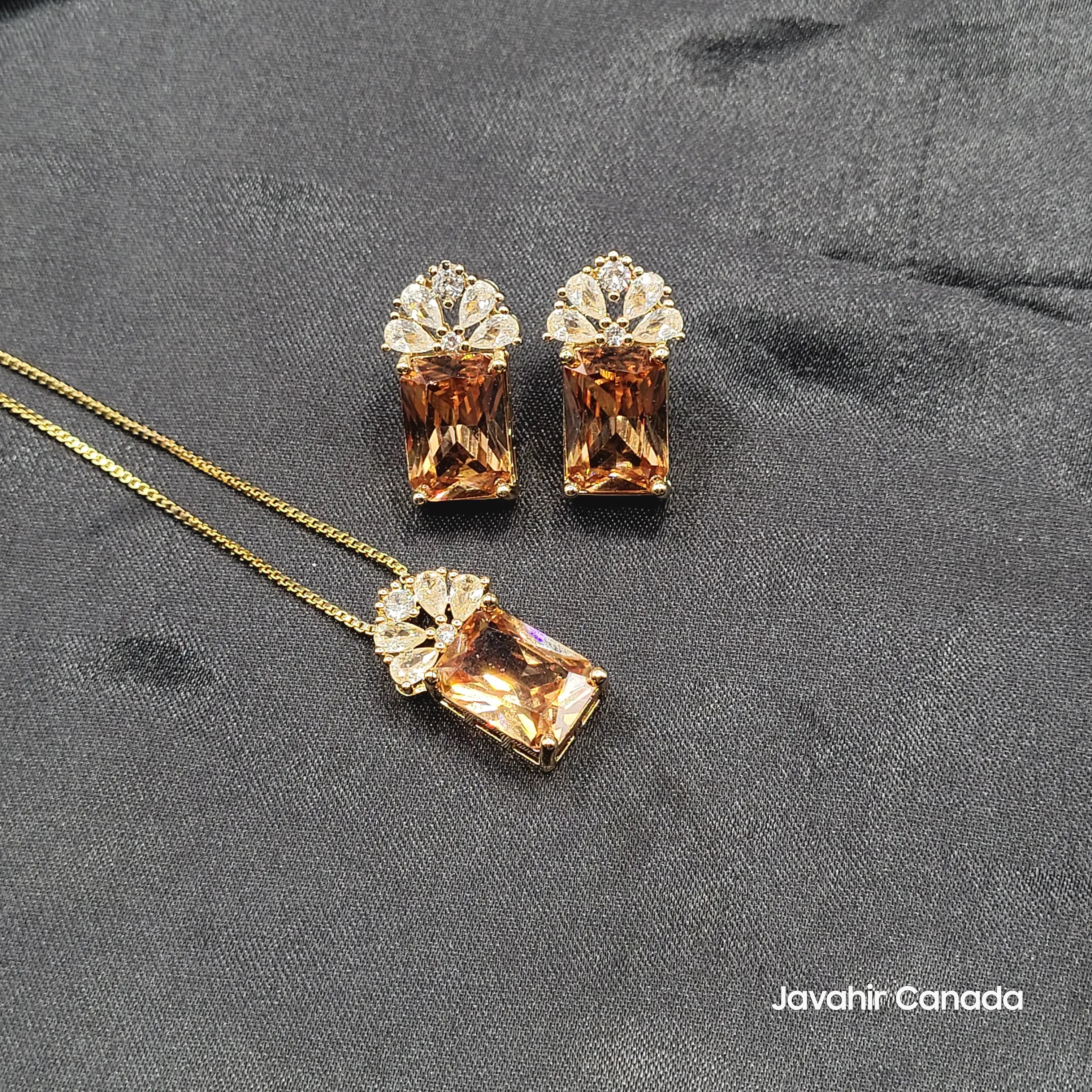 JV204 gold rectangular pendant earrings set with champagne gemstone – AD cluster design