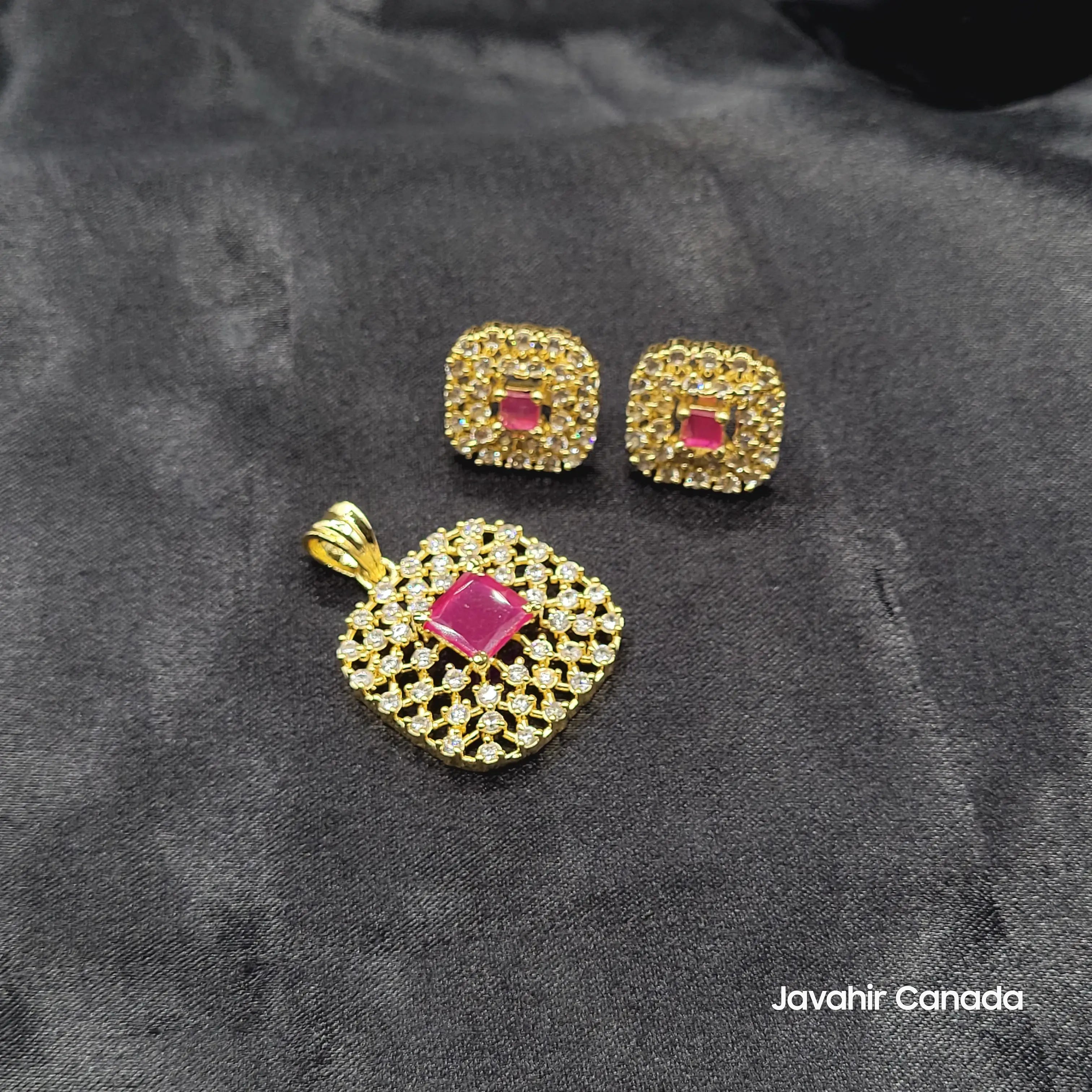 Pink gemstone lattice earrings and pendant gold plated – AD jewelry