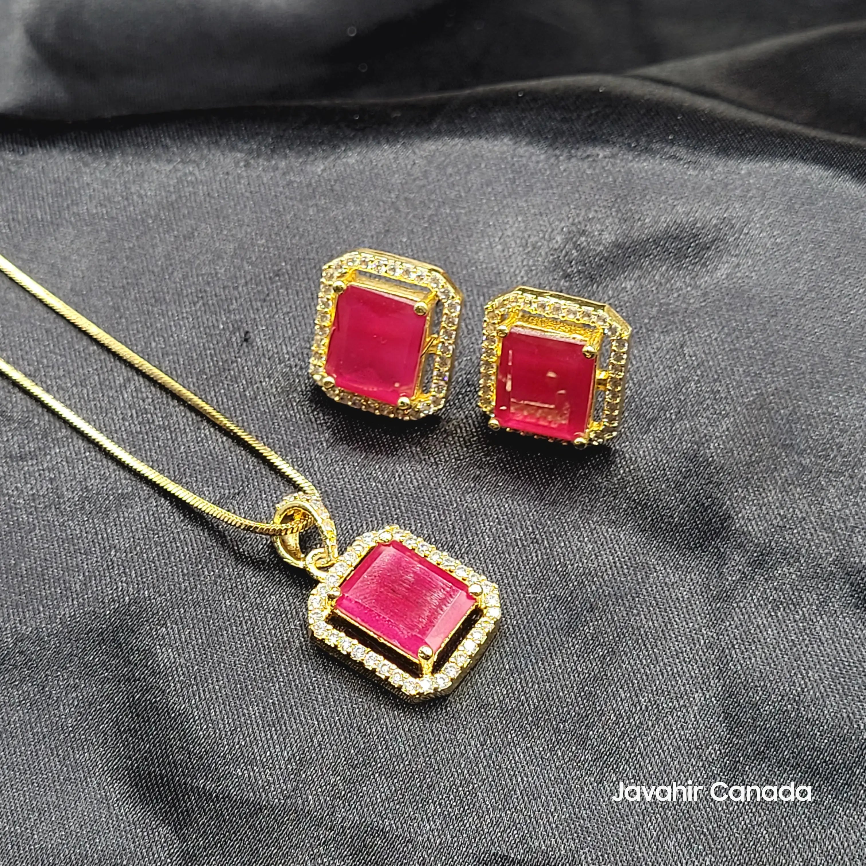 JV208 gold emerald-cut pink pendant set with AD stones – Javahir Canada