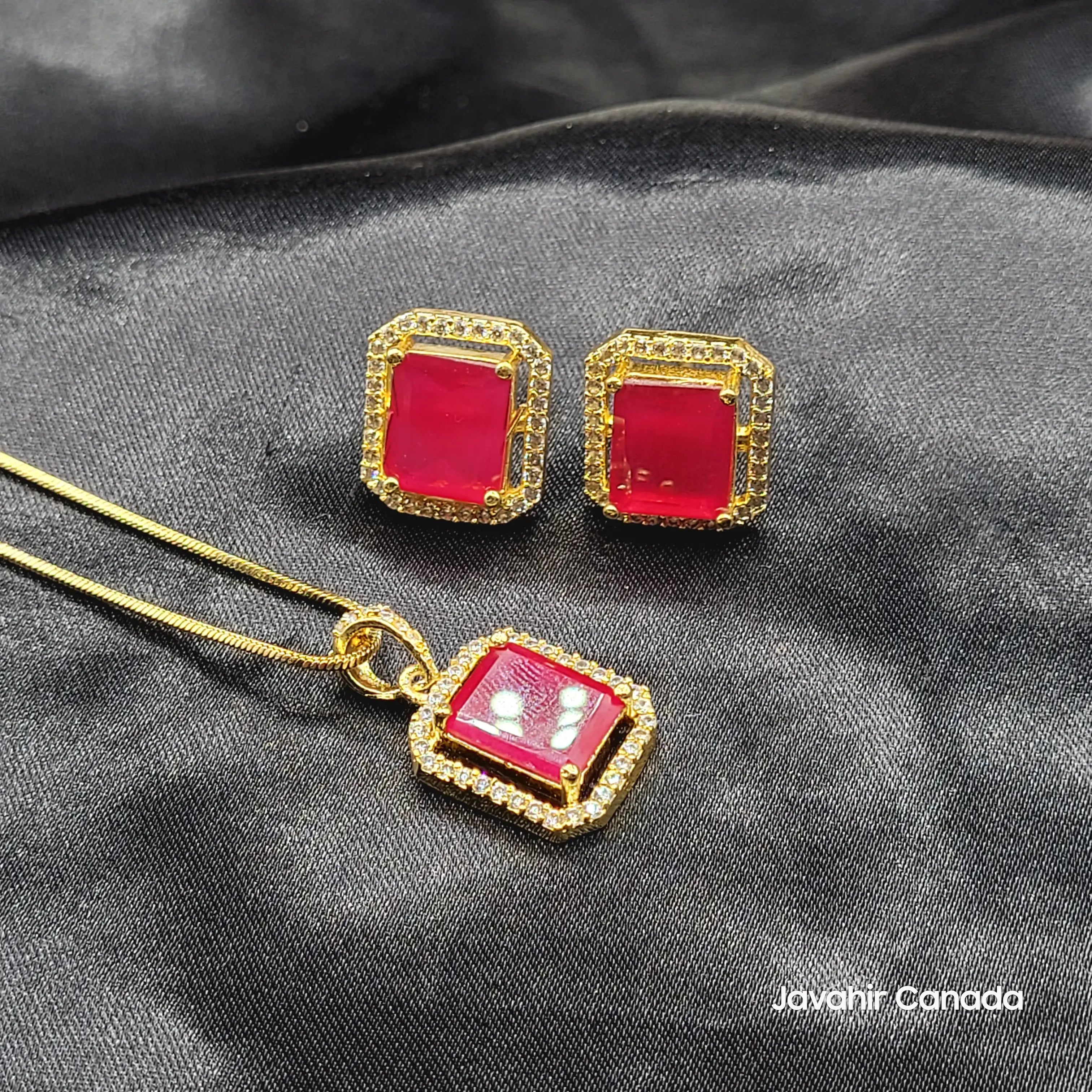 Ruby pink rectangular pendant and earrings gold plated – Pakistani jewelry
