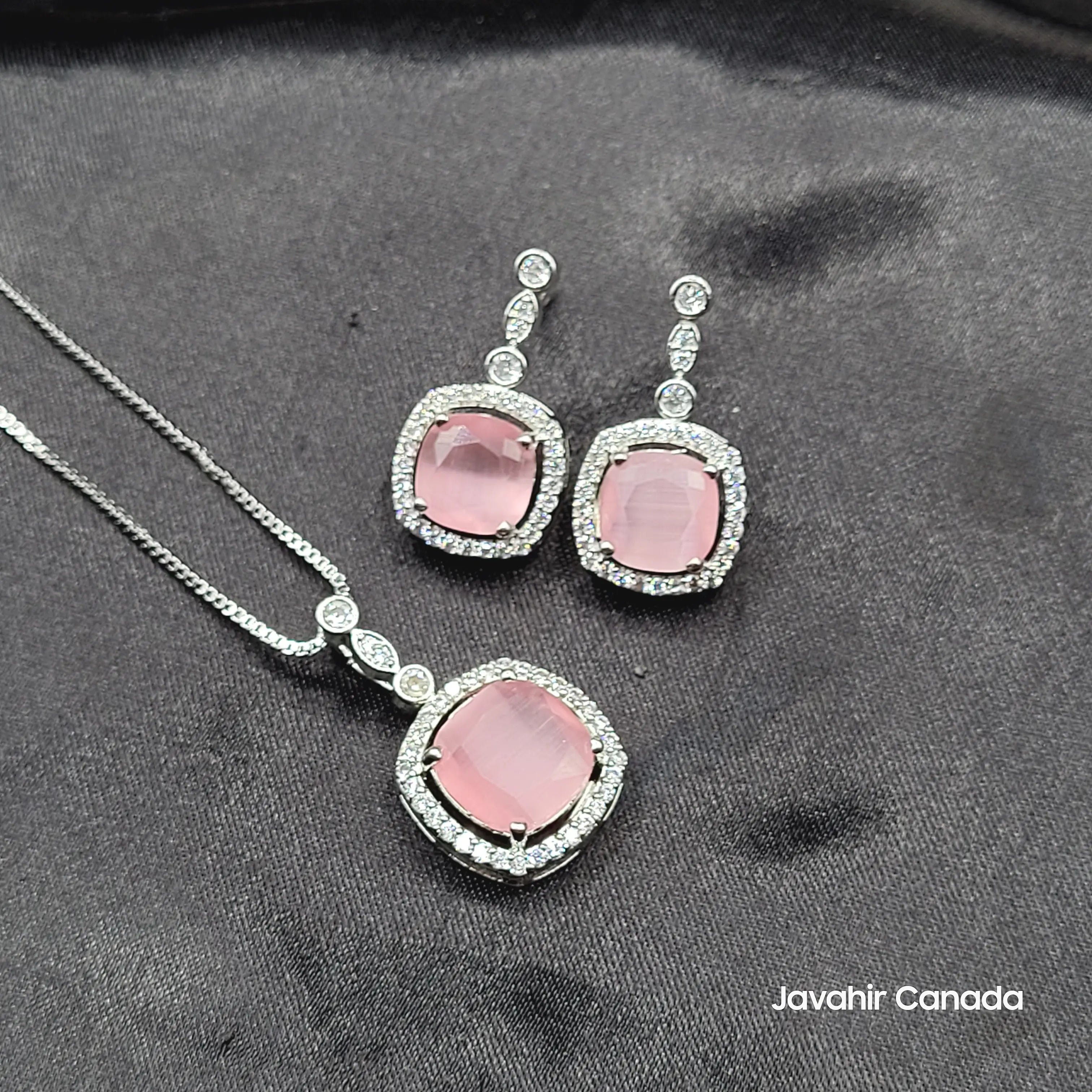 JV209 silver cushion-cut pink pendant set with AD halo – Javahir Canada