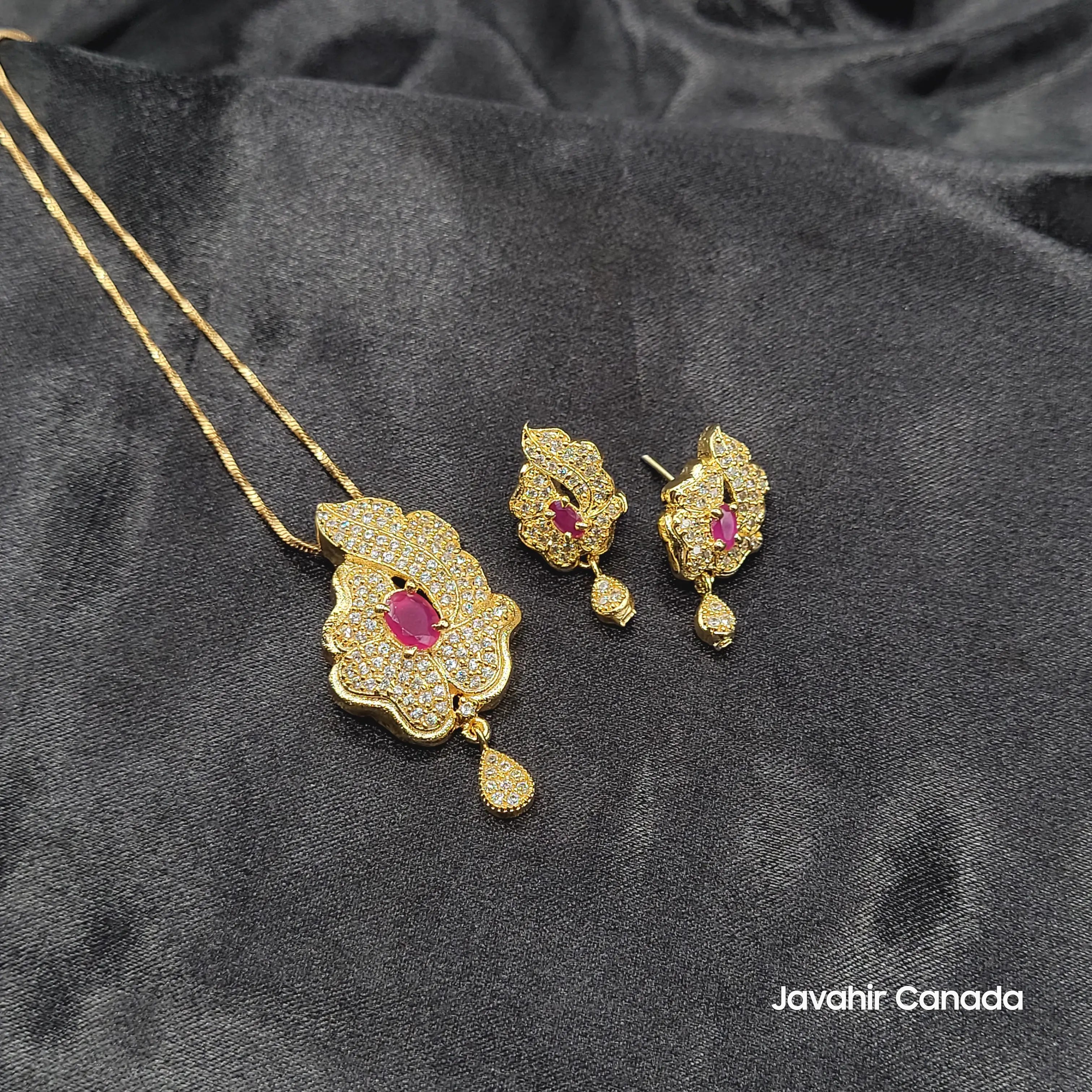 JV211 gold floral pendant set with ruby stone and AD detailing – Javahir Canada