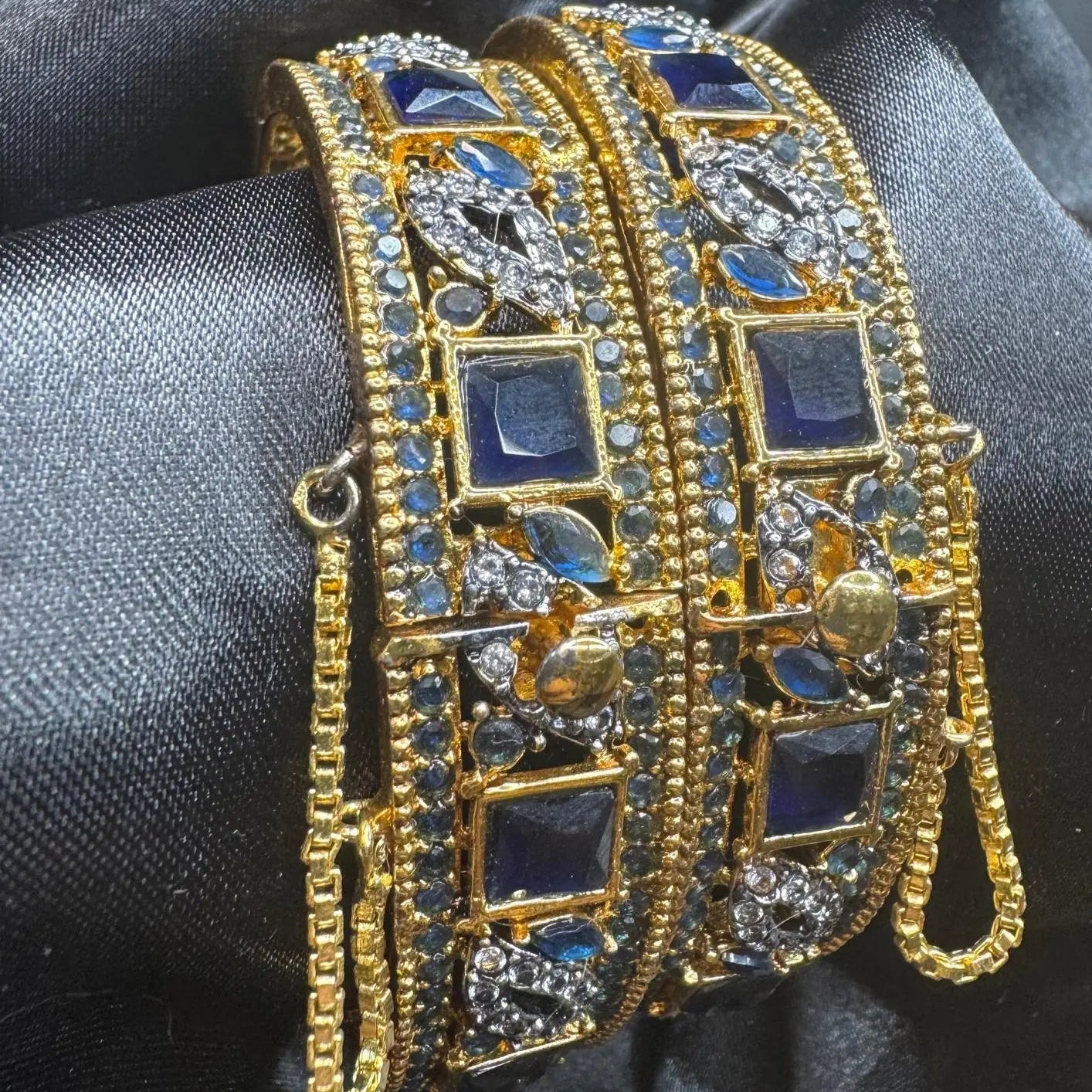side view of Blue square-cut stone bangles with intricate detailing – JV3002