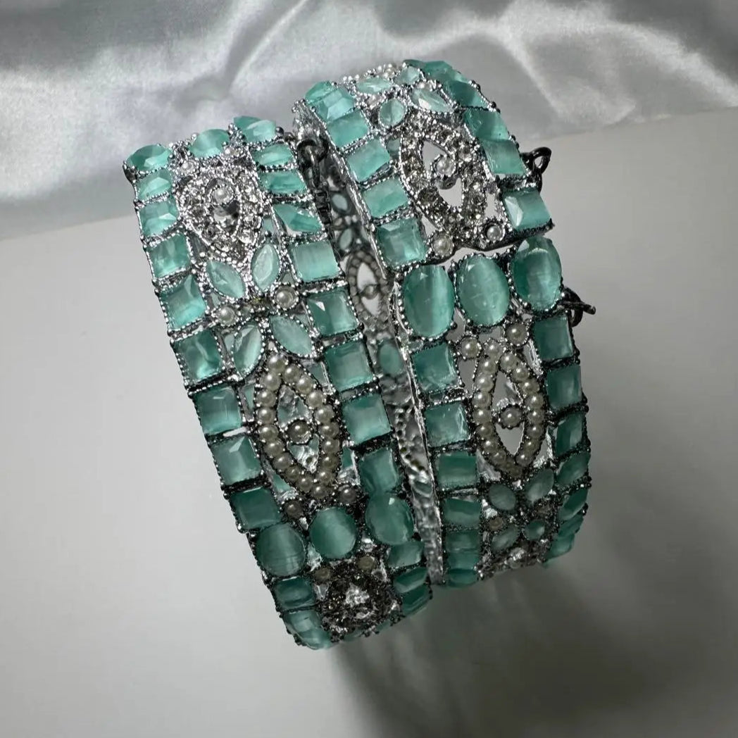 JV3003 teal and pearl embellished silver bangles