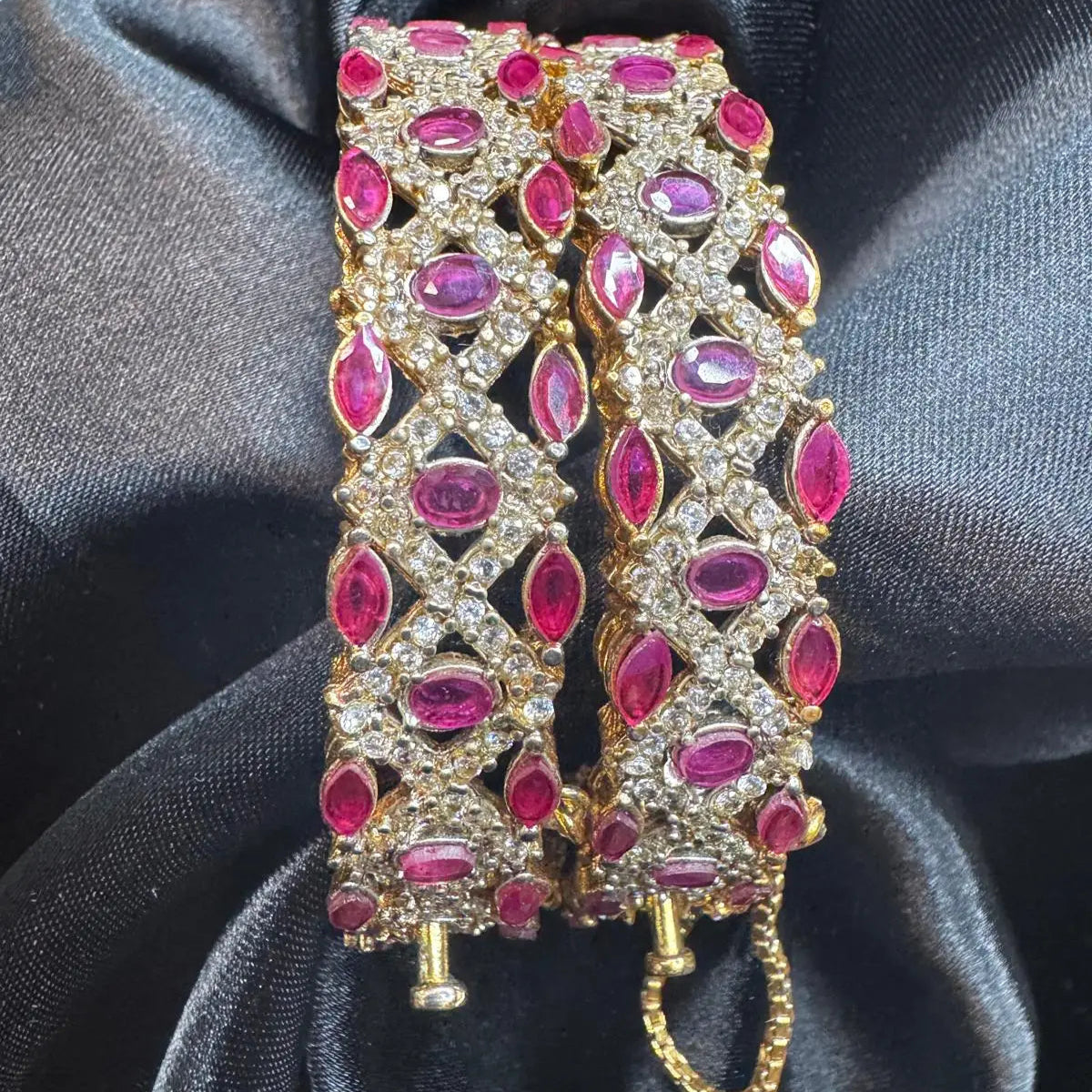 Antique gold bangles with pink stones and CZ crystals – front view
