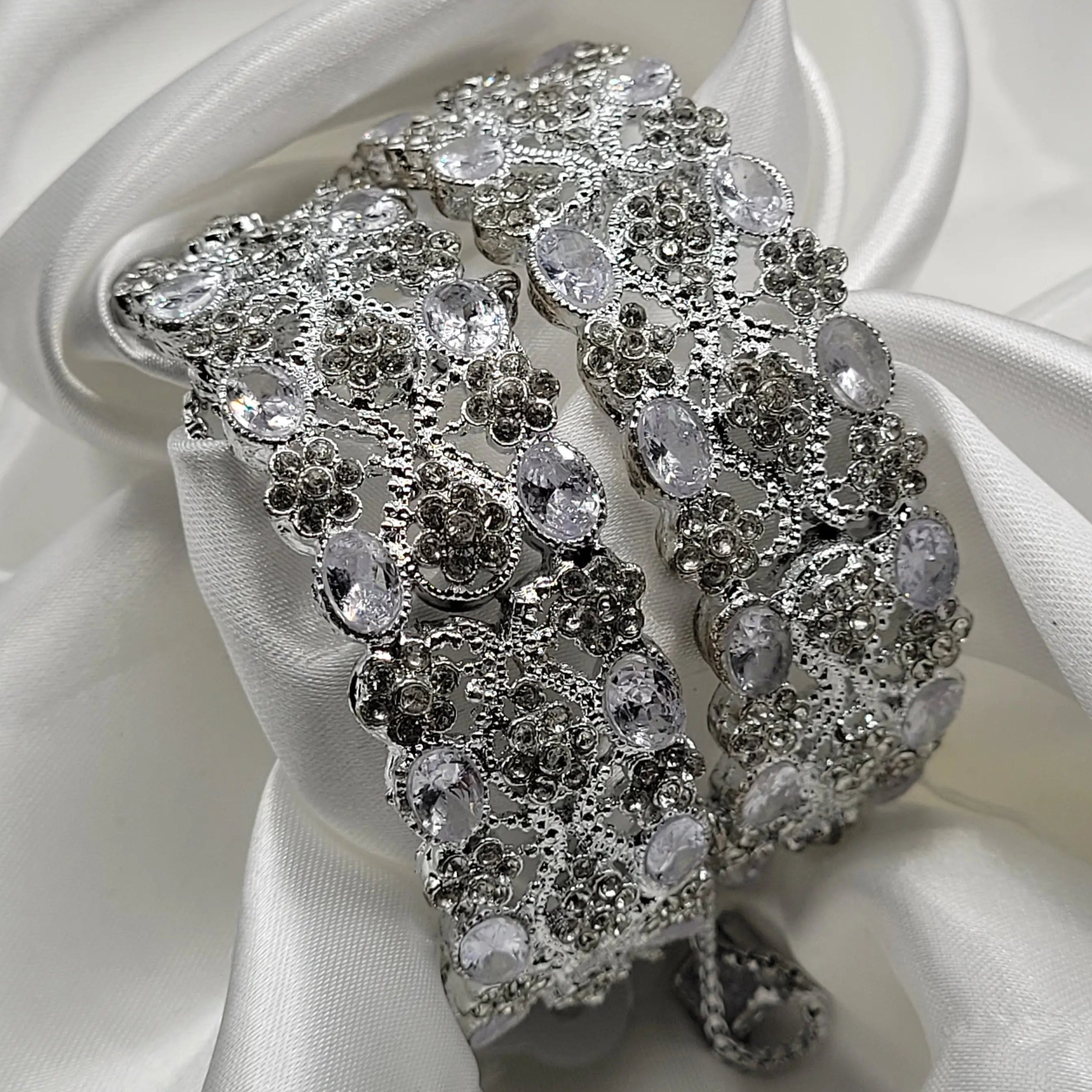 Elegant openable bridal bangles with clear oval stones