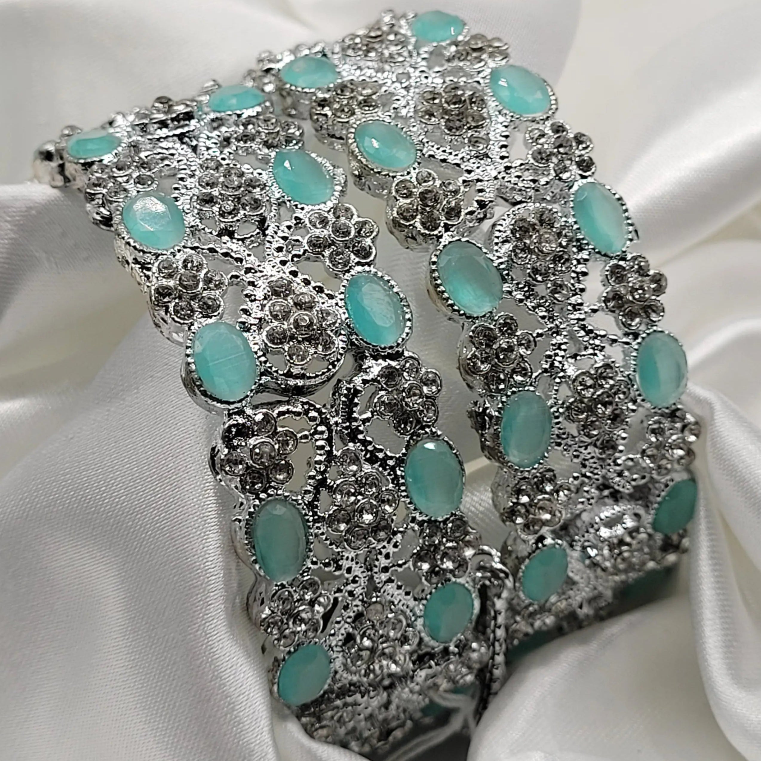 JV3005 mint green stone bangles with floral CZ details