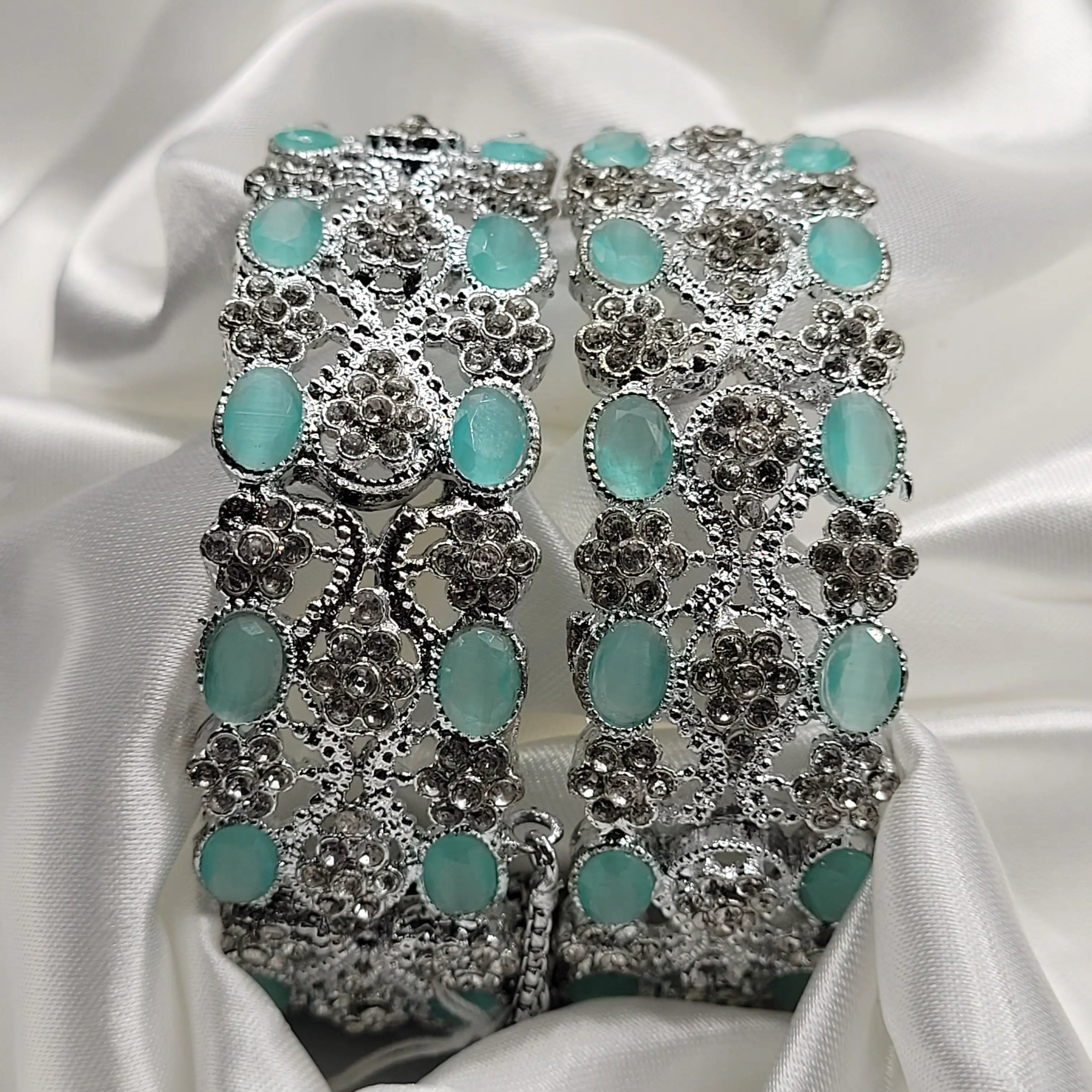 Openable silver bangles with mint oval stones and floral design