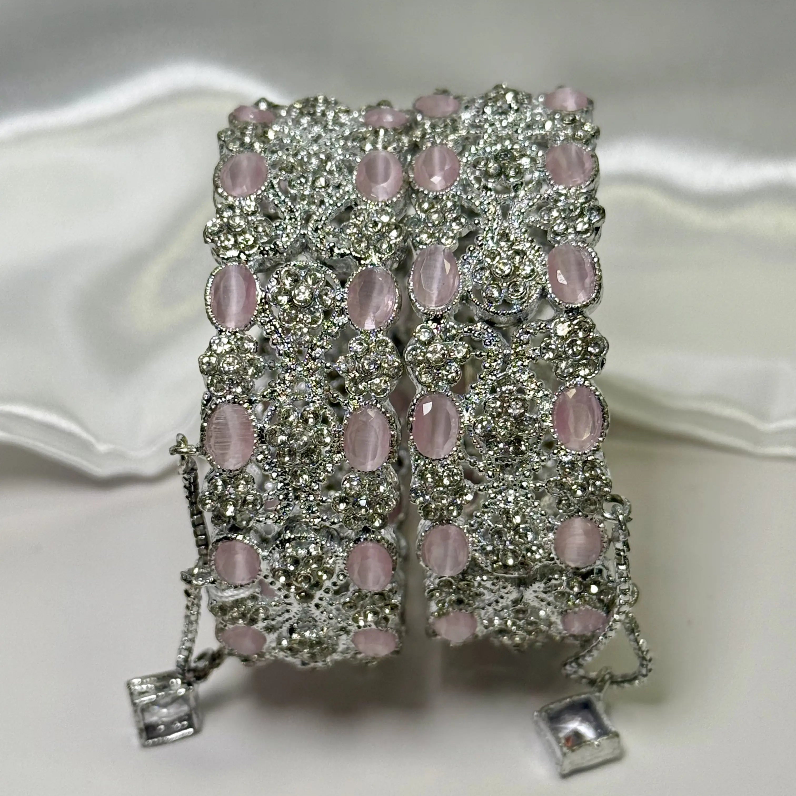 JV3005 silver bangles with pink oval stones and CZ crystals